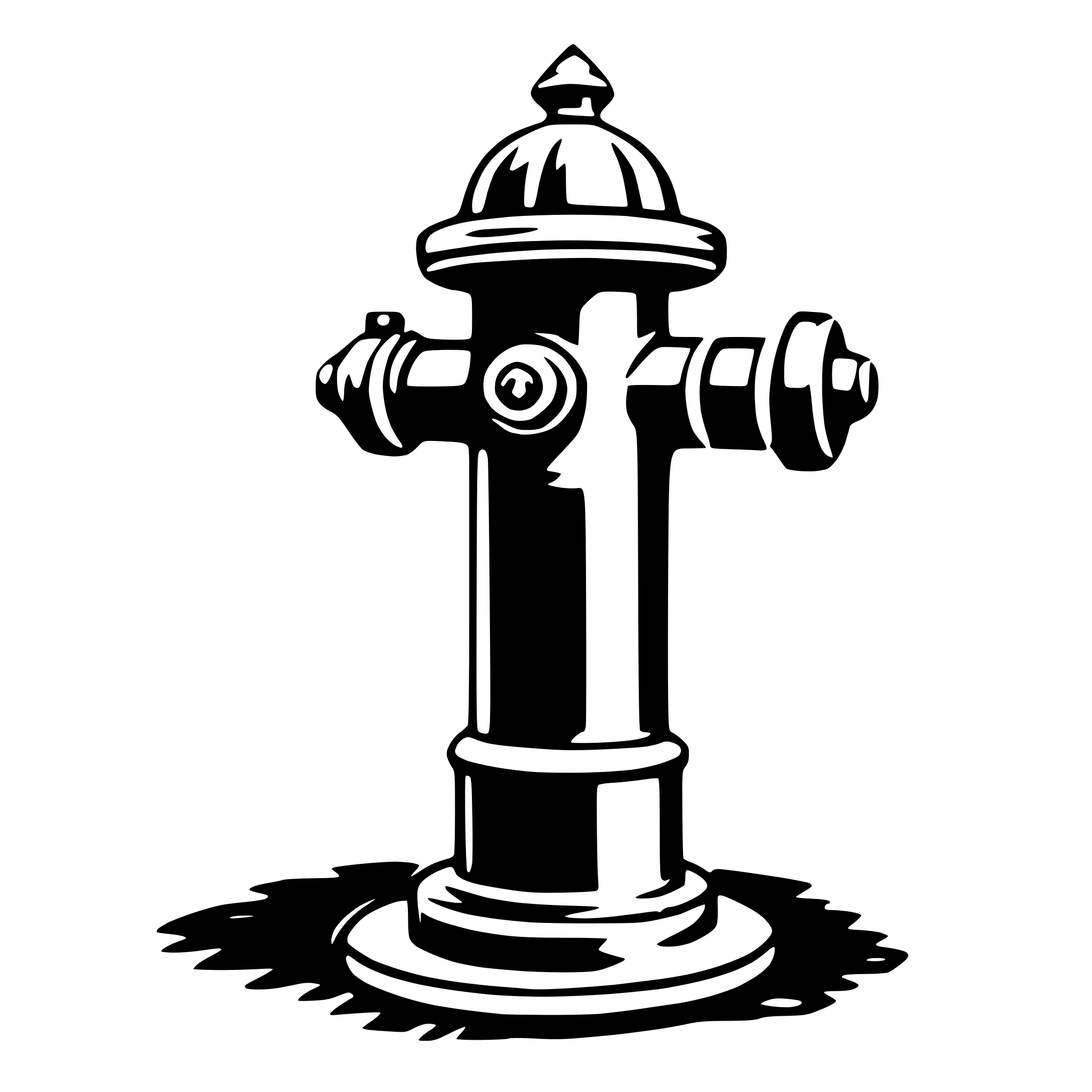 The SVG shows a black and white line drawing of a fire hydrant. The hydrant has a cylindrical body with a flared top and a pointed cap. It features three nozzles, each with a bolt-like detail, and a central valve with a circular handle. The hydrant is depicted with a shadow on the ground, suggesting it is standing on a surface. The style of the SVG is simple and graphic, with no additional text or elements. 
