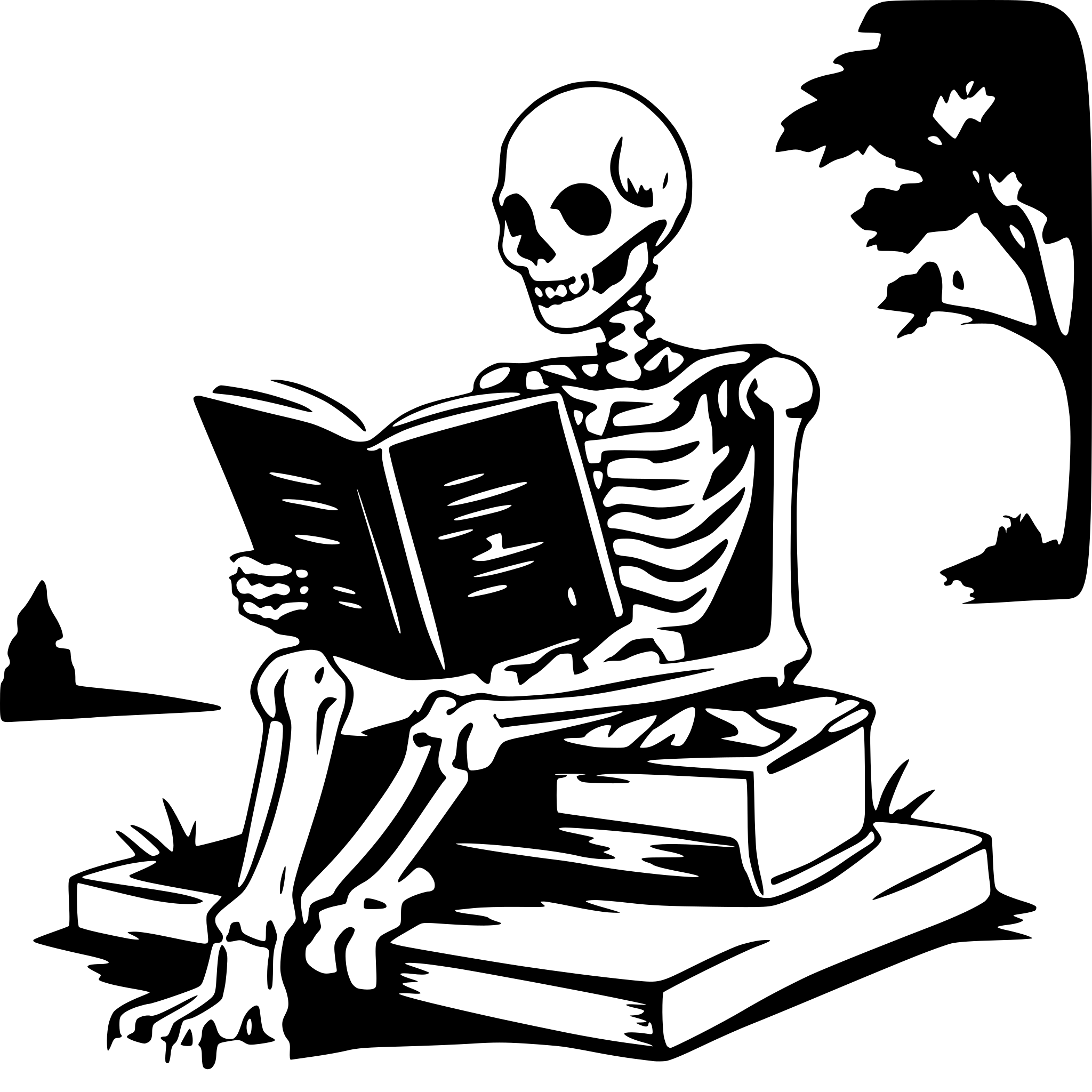 AI-generated SVG of a a skeleton on a cemetery reading a big book