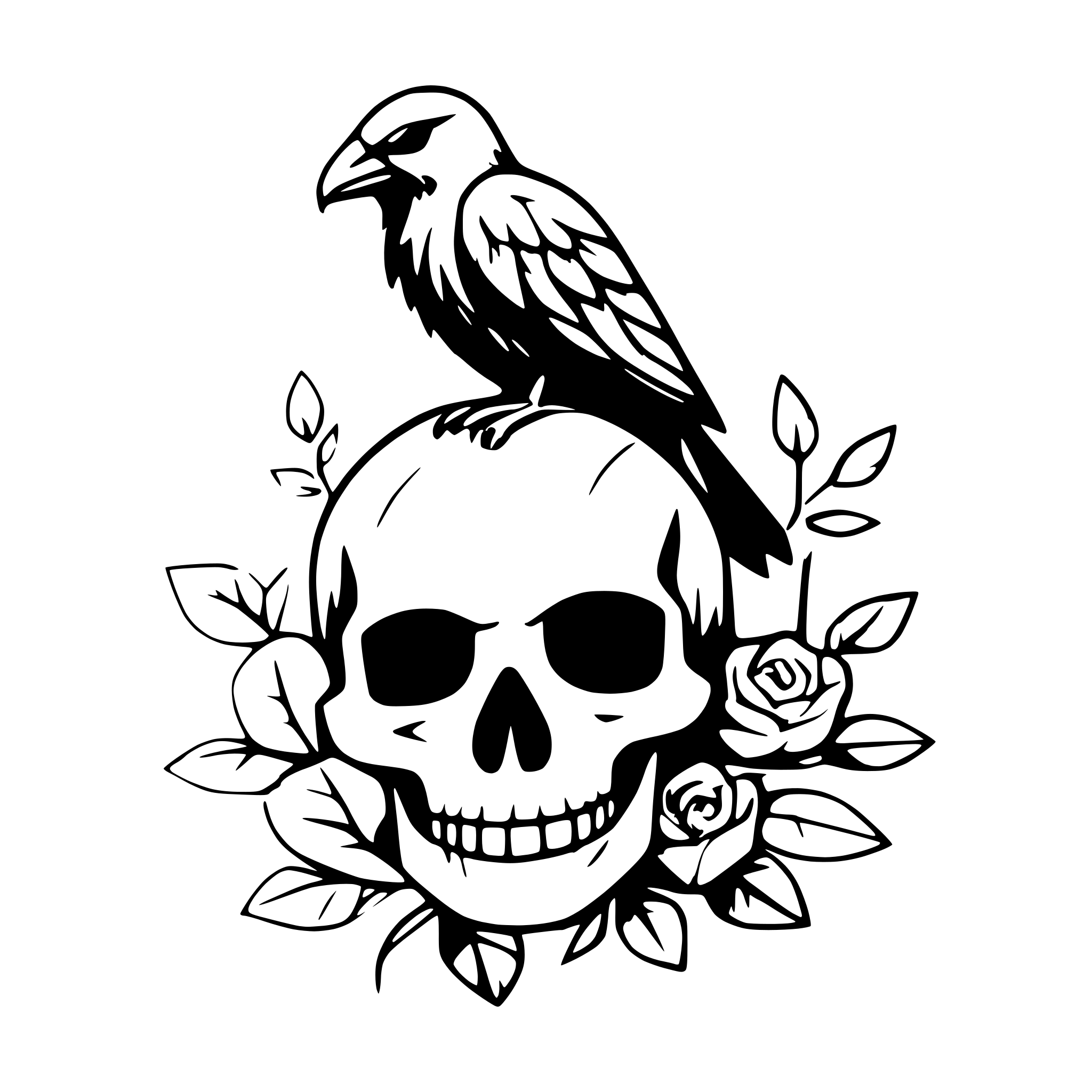 AI-generated SVG of a raven on skull with roses