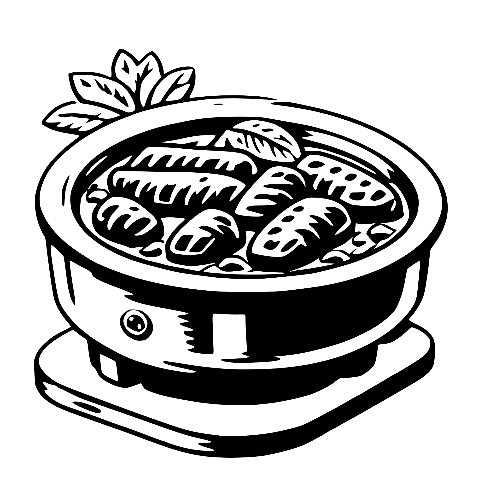 The SVG depicts a stylized illustration of a bowl of food. The bowl is round with a handle on one side, and it appears to be filled with a variety of food items, including what looks like pieces of meat or vegetables. The food is arranged in a way that suggests it is being served or presented, possibly for consumption. The bowl is placed on a flat surface, which could be a table or a countertop. The illustration is simple and uses solid lines and shapes to convey the objects, with no shading or gradients, which is typical of vector graphics. 