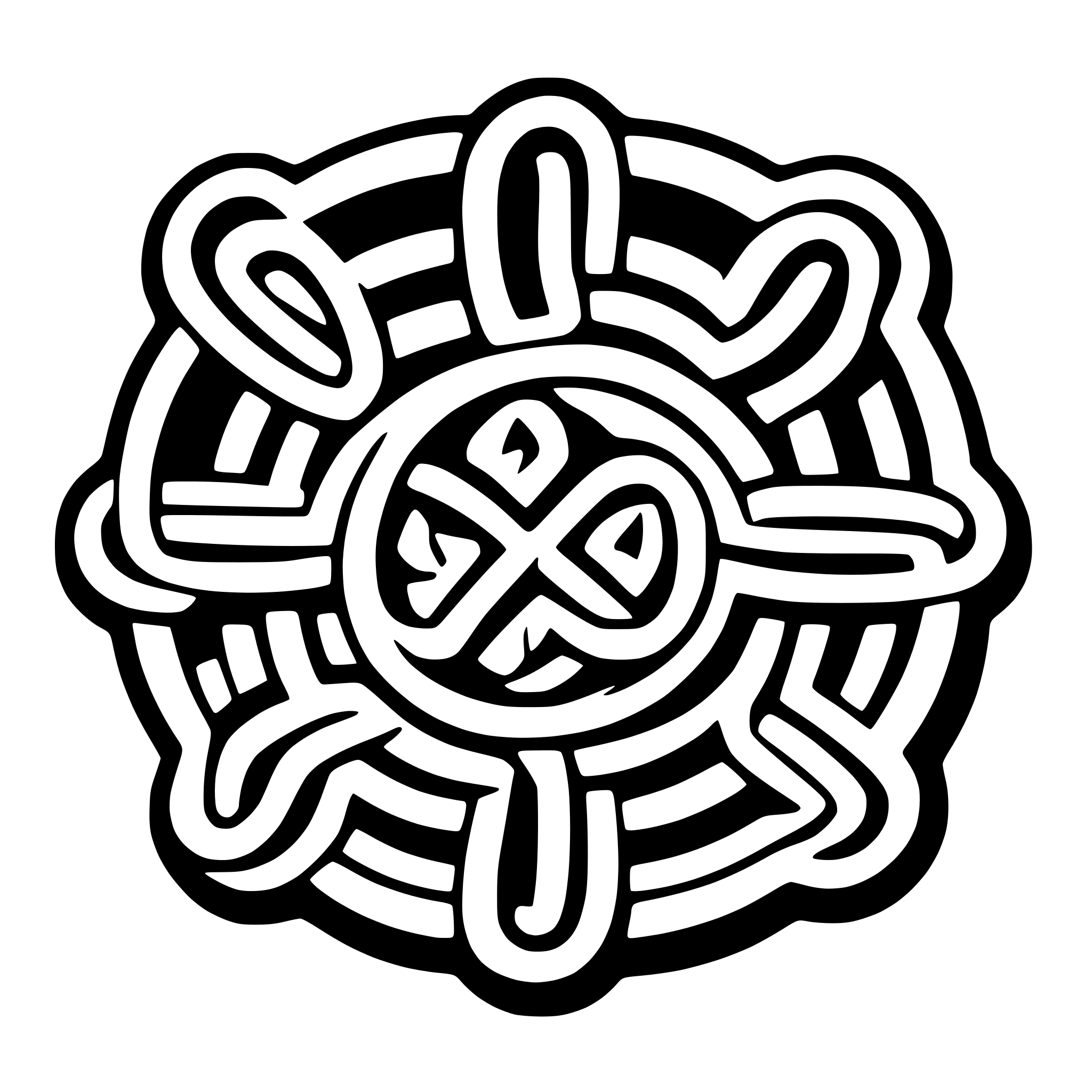 AI-generated SVG of a a single continuous white ornamental line forming an intricate symmetric floral or Celtic knot pattern. The line is thick and smooth, with rounded corners and no internal breaks. The composition should resemble a stylized flower or interconnected loops arranged in a circular or mirrored layout. The overall style is clean, geometric, and abstract, with a balanced, harmonious layout