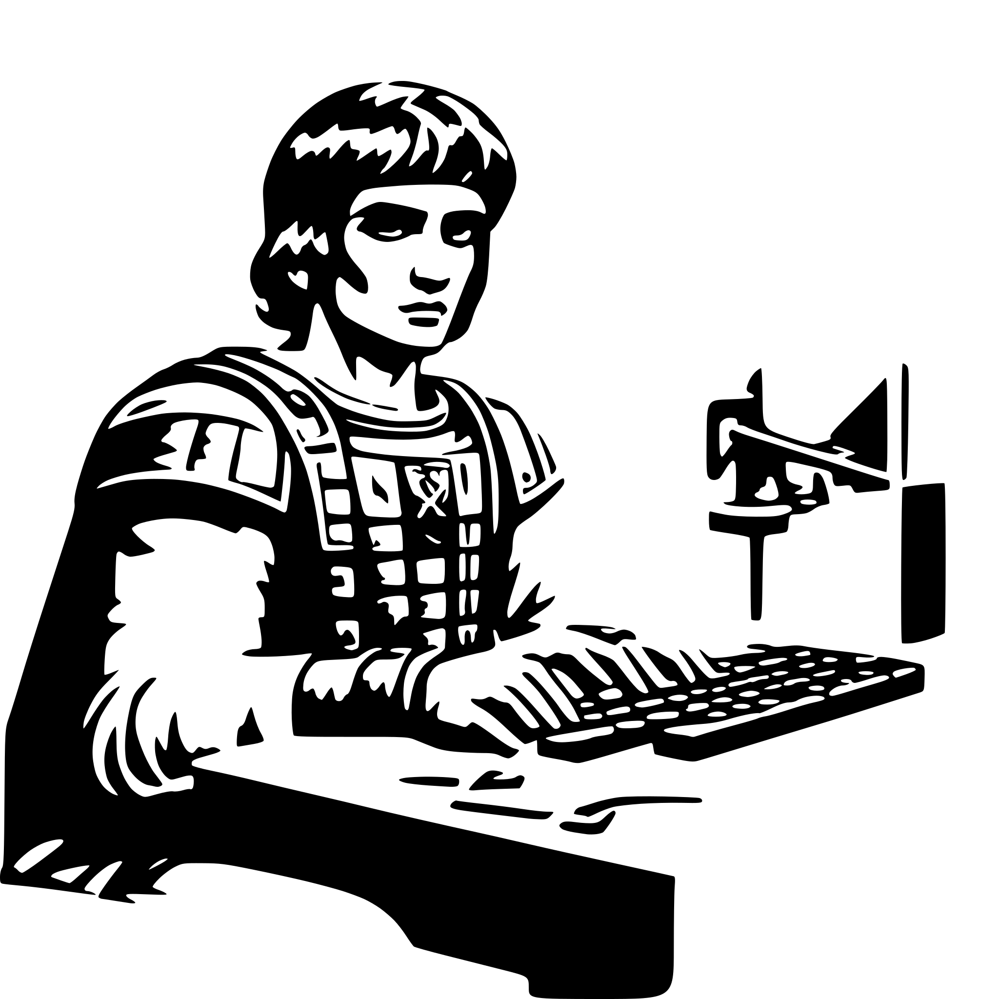 AI-generated SVG of a A Roman ancient soldier writing on a modern computer keyboard