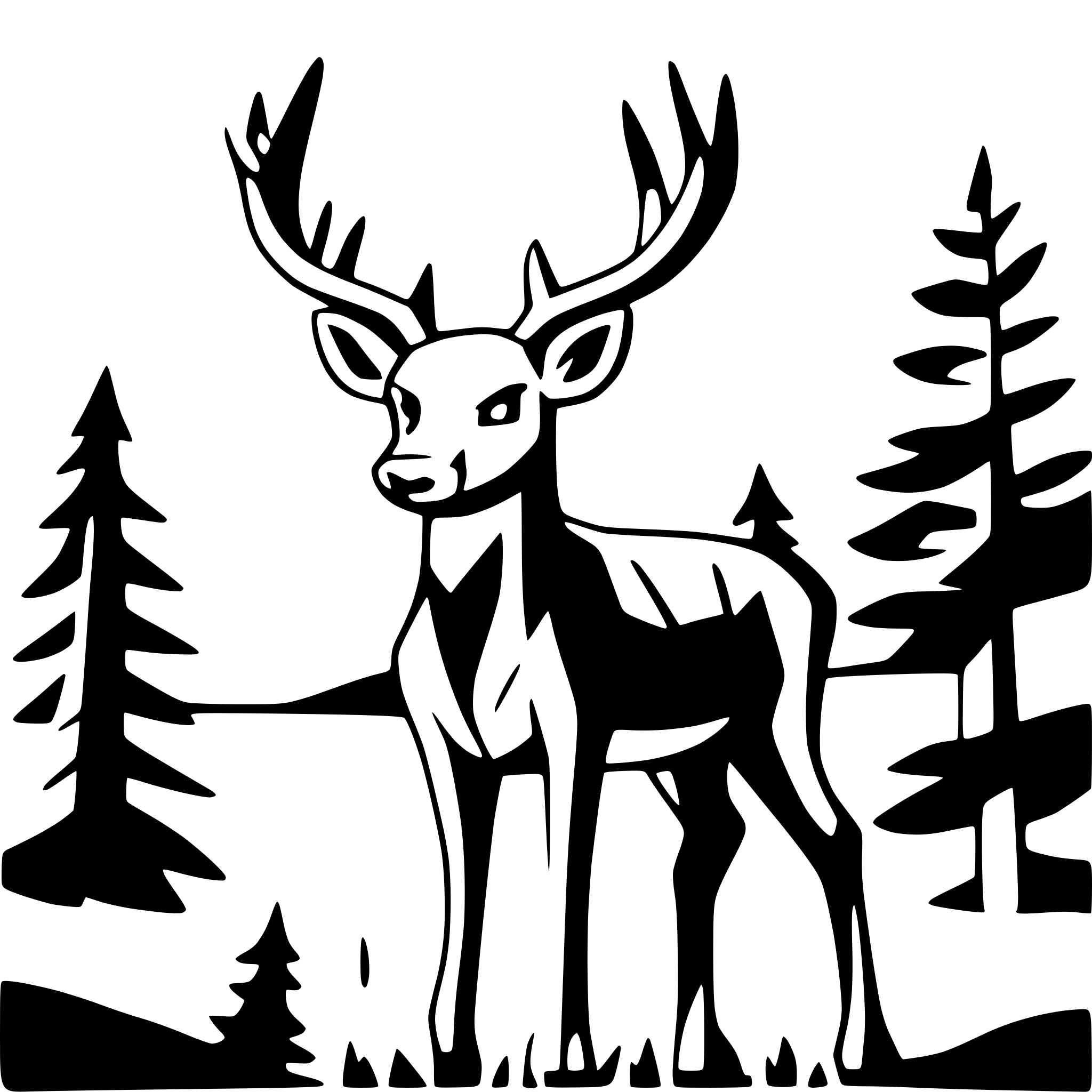 AI-generated SVG of a buck deer in field with trees and mountains in background