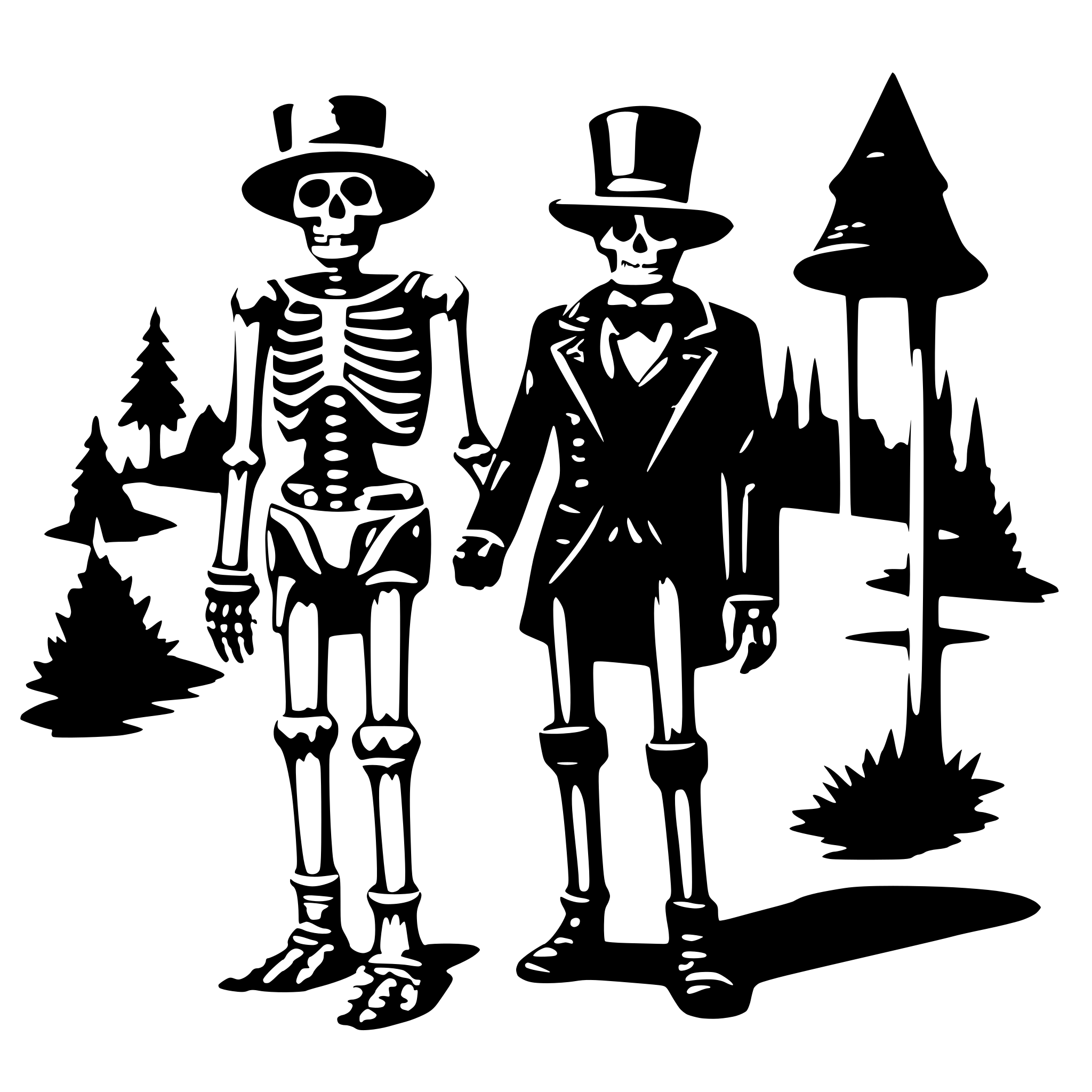 AI-generated SVG of a a skeleton with hat cylinder and a suits going with a ca for a walk AI-generated SVG of a a skeleton with hat cylinder and a suits going with a ca for a walk