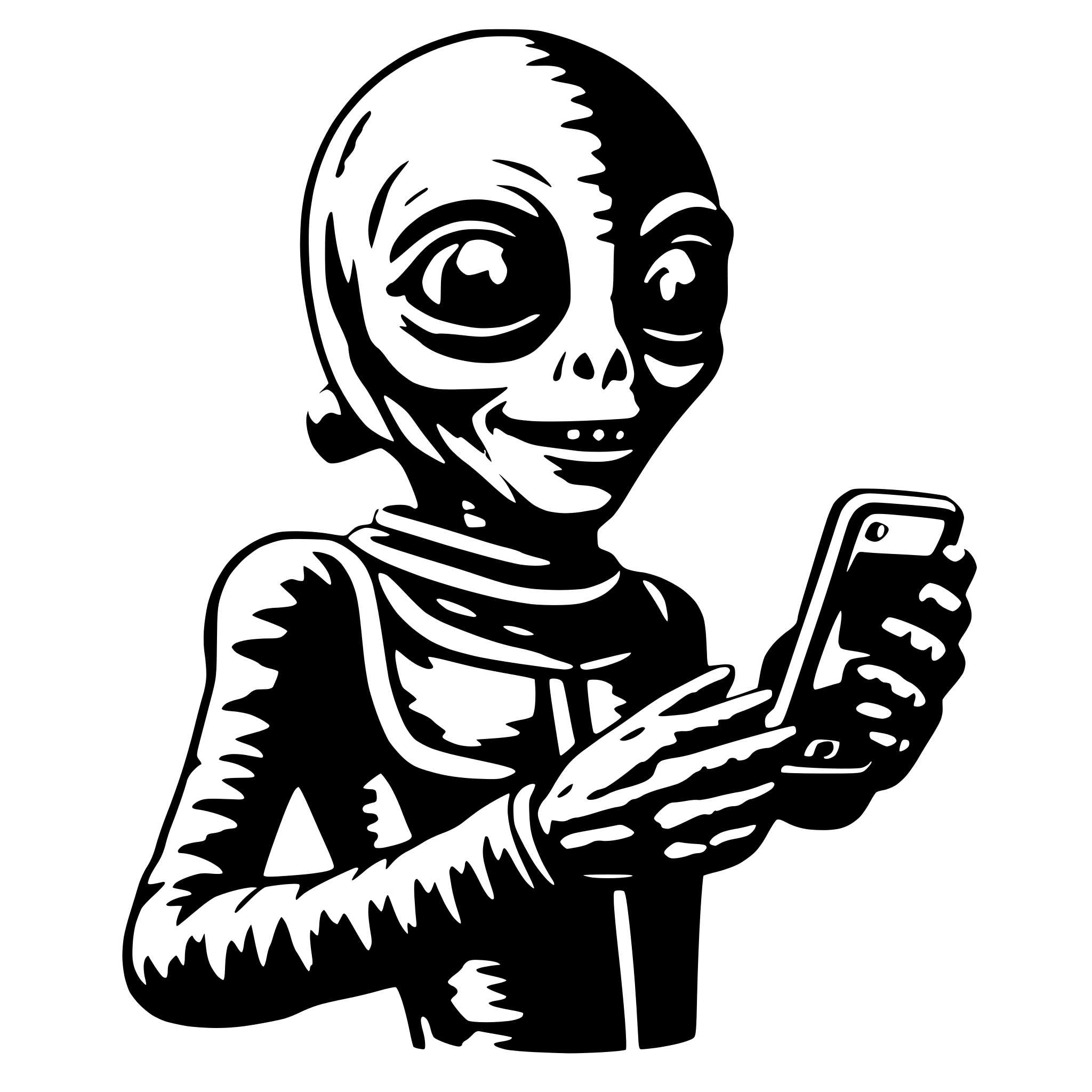 AI-generated SVG of 'friendly alien with smartphone'