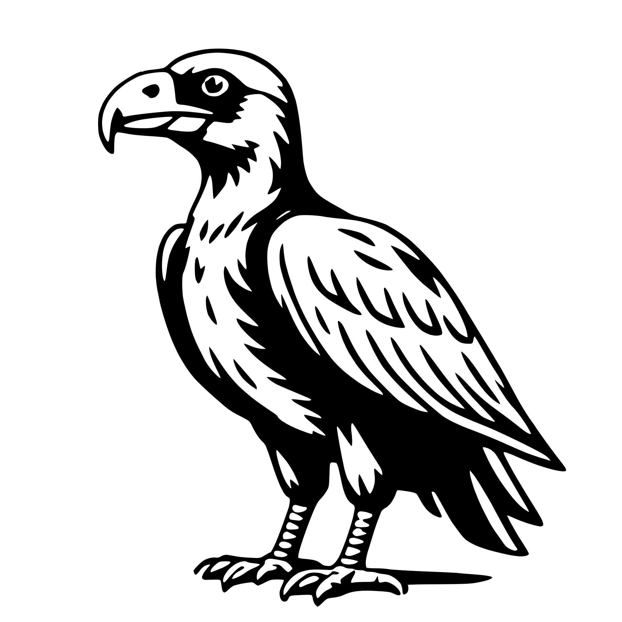 The SVG depicts a stylized black and white illustration of a bird, likely a raven or a similar species, standing on one leg. The bird has a prominent beak, a large head, and a detailed feather pattern. It is facing slightly to the left with its wings folded close to its body. The bird's tail feathers are spread out, and its legs are tucked under its body. The illustration is simple yet detailed, capturing the essence of the bird with minimal lines and shapes. 