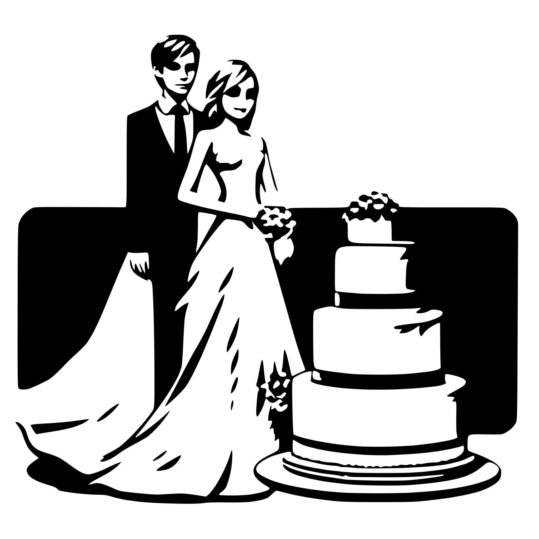 AI-generated SVG of a a couple with wedding dress. black suite and white long dress. blue background. long cake infront