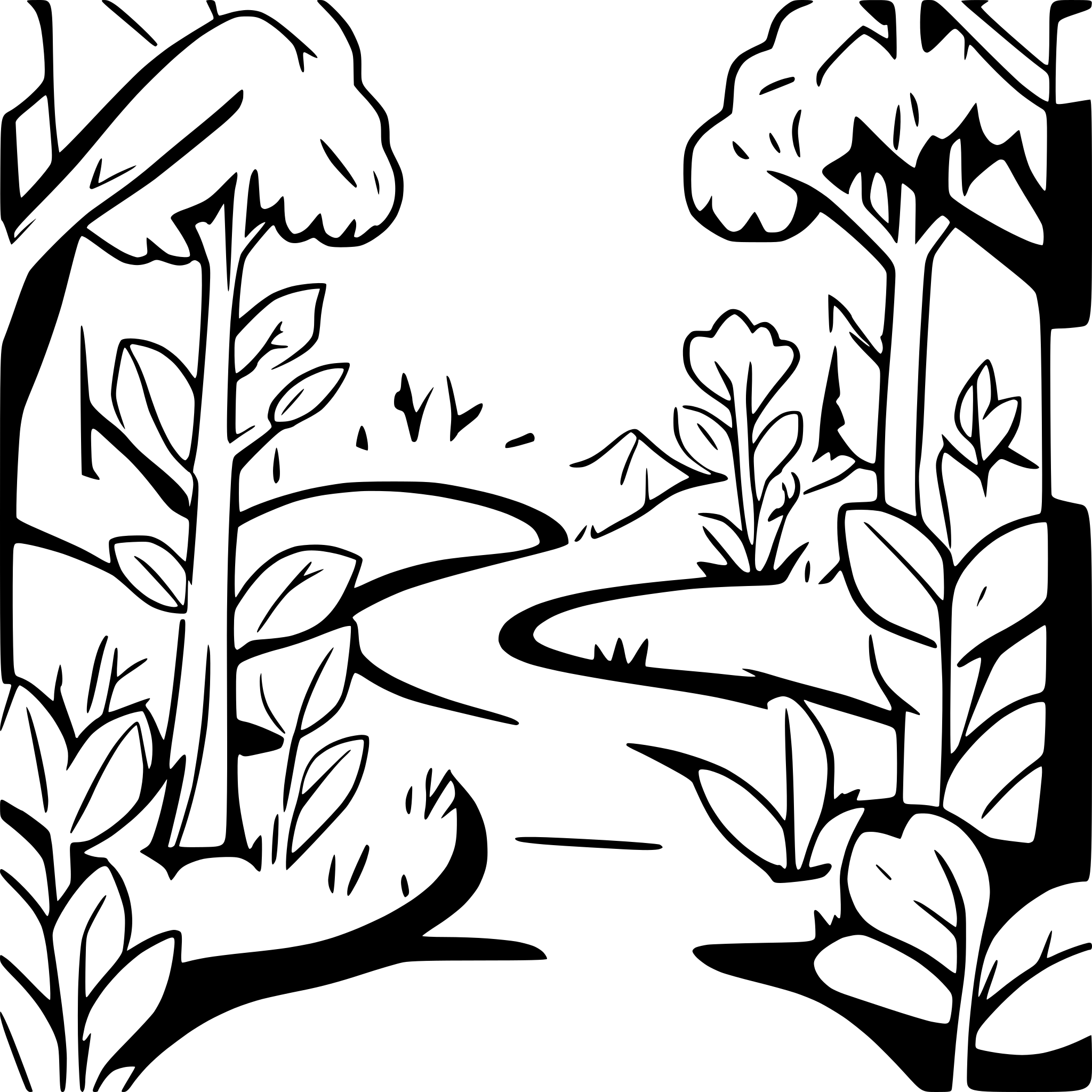 AI-generated SVG of a Create a coloring page for adults featuring a winding path through an ancient, mossy forest. The design should be in contour style, using vector graphics and clean line art on a white background. It must be detailed and in black and white, inspired by kalamkari design, with meticulously detailed and ornate illustrations. Include a flowing stream alongside the path and ensure a tranquil mood is conveyed throughout the image.