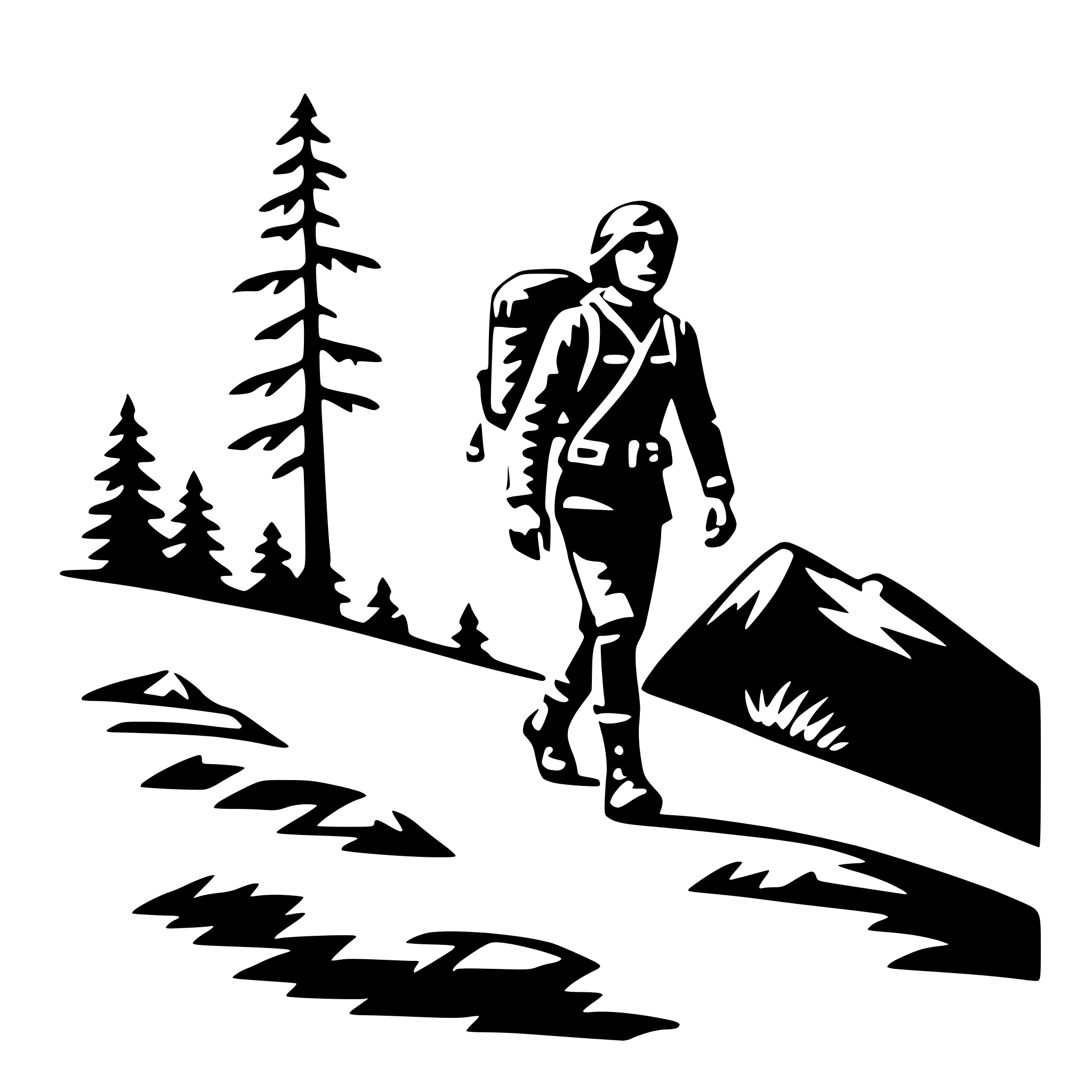 The SVG depicts a silhouette of a person walking on a snowy path. The person is carrying a backpack and appears to be hiking. In the background, there are silhouettes of trees and a mountain, suggesting a wintery outdoor setting. The person is walking towards the right side of the SVG. The style of the SVG is minimalistic and uses negative space to create the silhouette effect. 