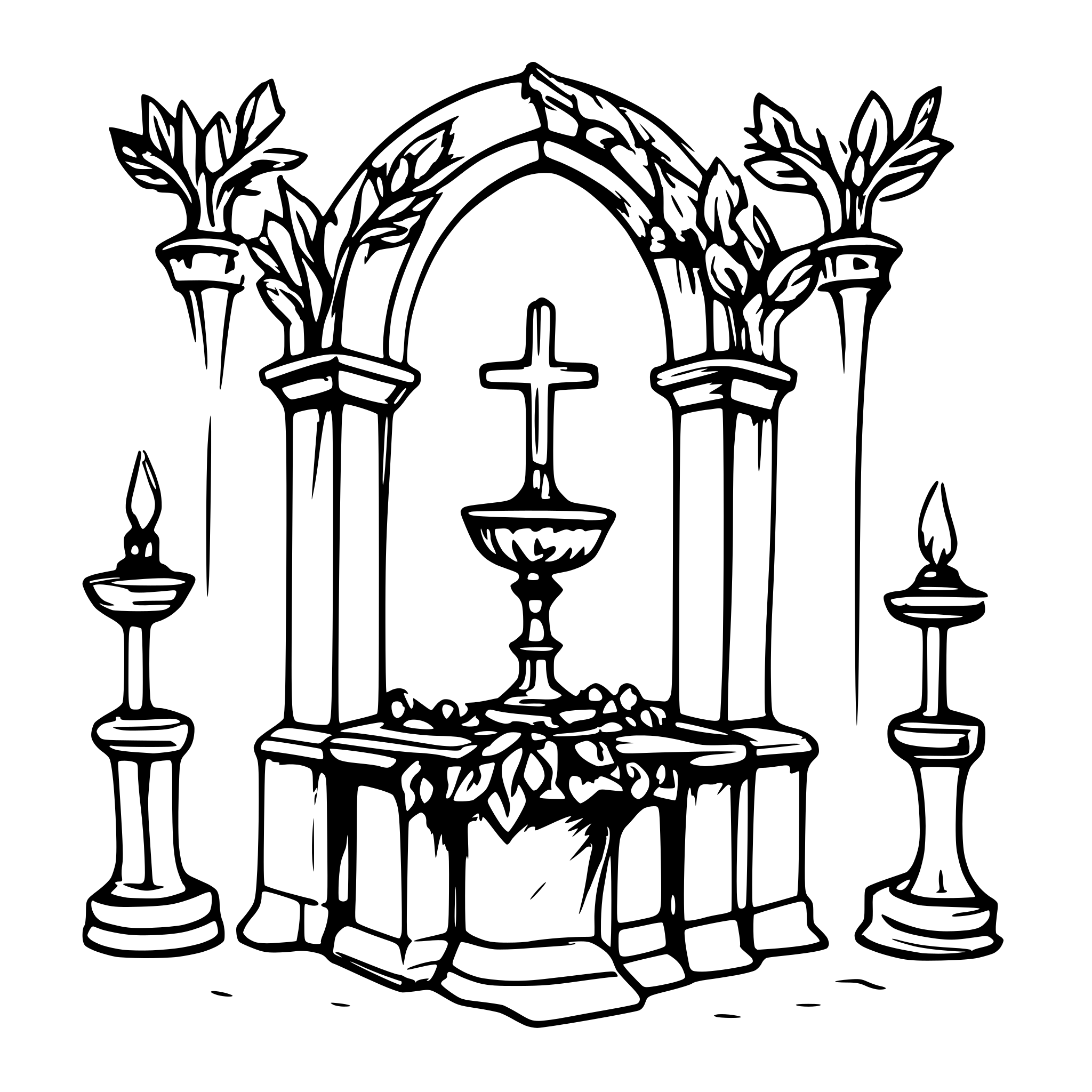 AI-generated SVG of a grimdark altar of saint rocco with flying skulls and laurels and lit candles