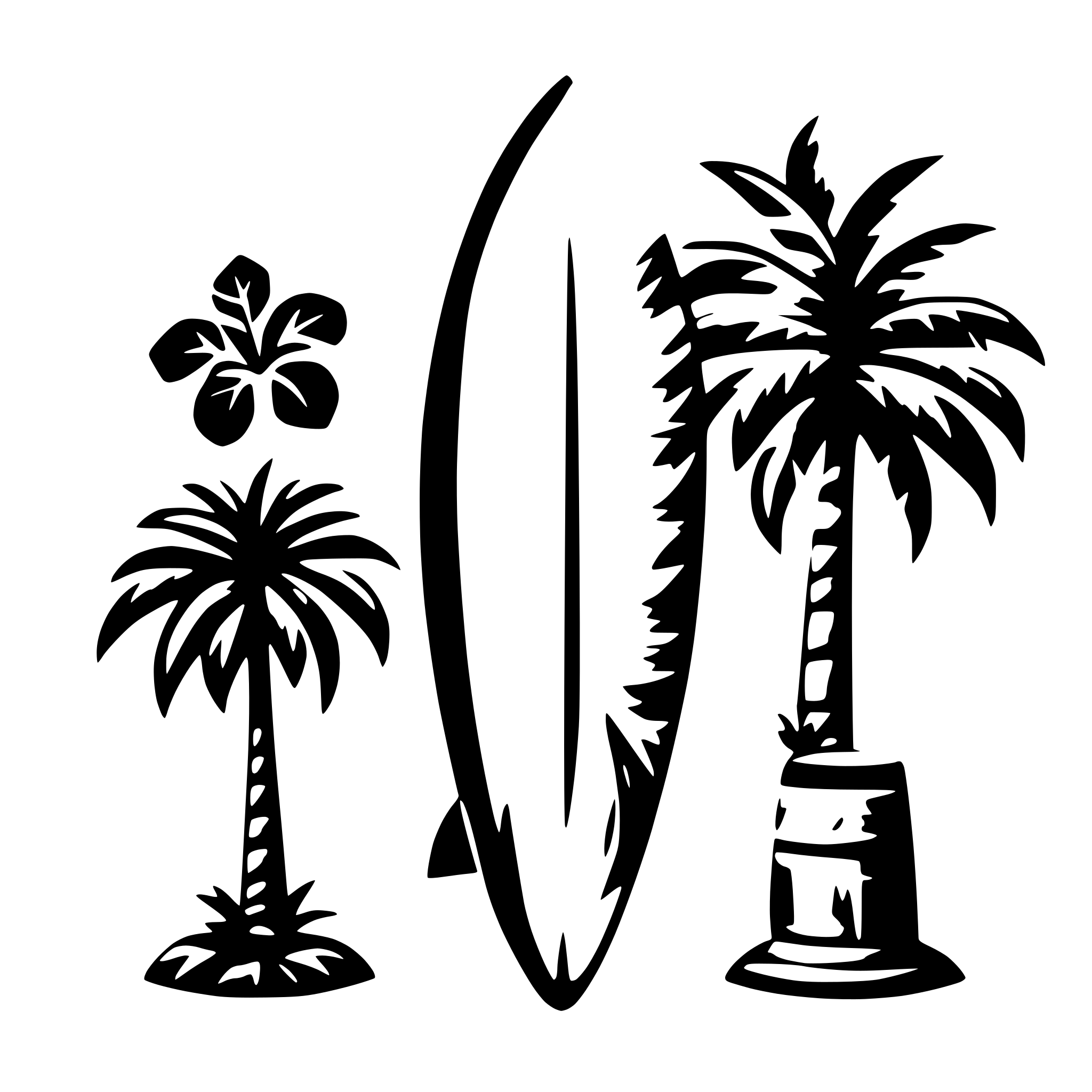 AI-generated SVG of '3 surf boards with shells, palm trees and hibiscus flower inside'