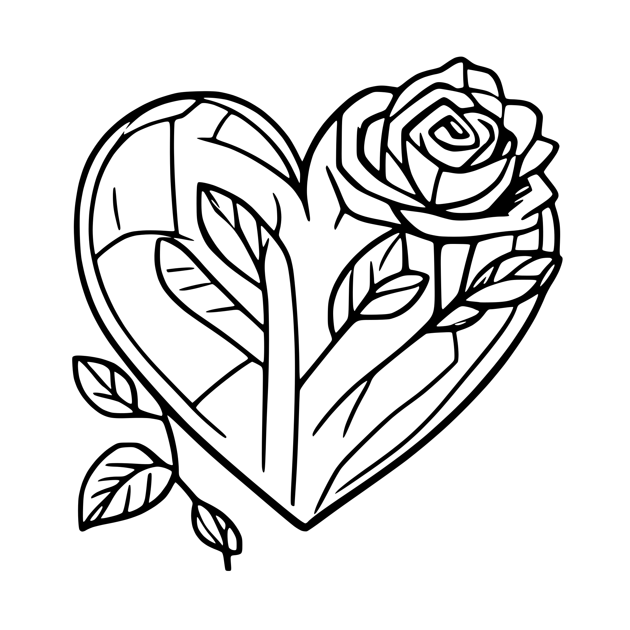 AI-generated SVG of a heart outline, flowers, roses, petals, fine lines. heart line is only made of flowers