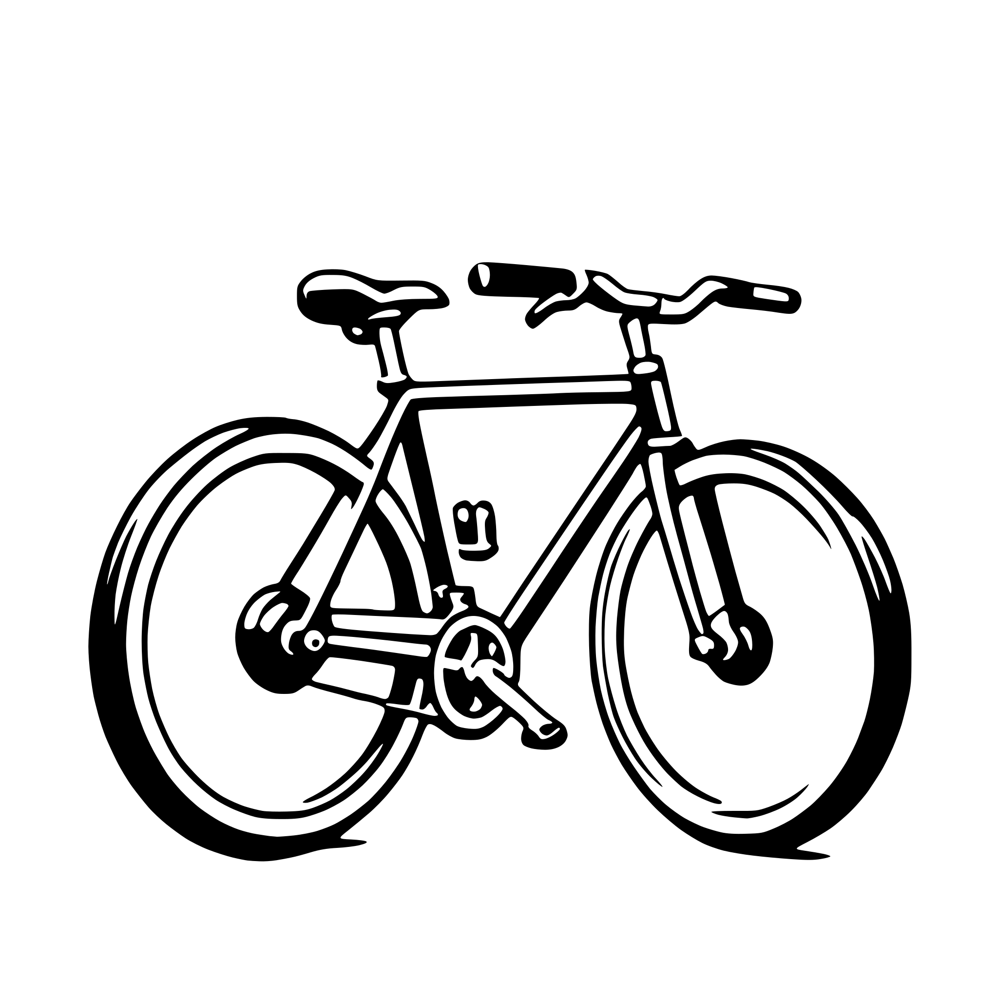 The SVG shows a simple, stylized black and white illustration of a bicycle. The bicycle has two wheels, a frame, a seat, handlebars, and a chain. The wheels are depicted with a series of concentric circles to represent the spokes, and the frame is shown with a series of straight lines. The seat and handlebars are represented by simple geometric shapes. The bicycle is positioned with the front wheel slightly in front of the rear wheel, and the handlebars are turned to the side, suggesting a forward-moving position. There is no text or additional elements in the SVG. 