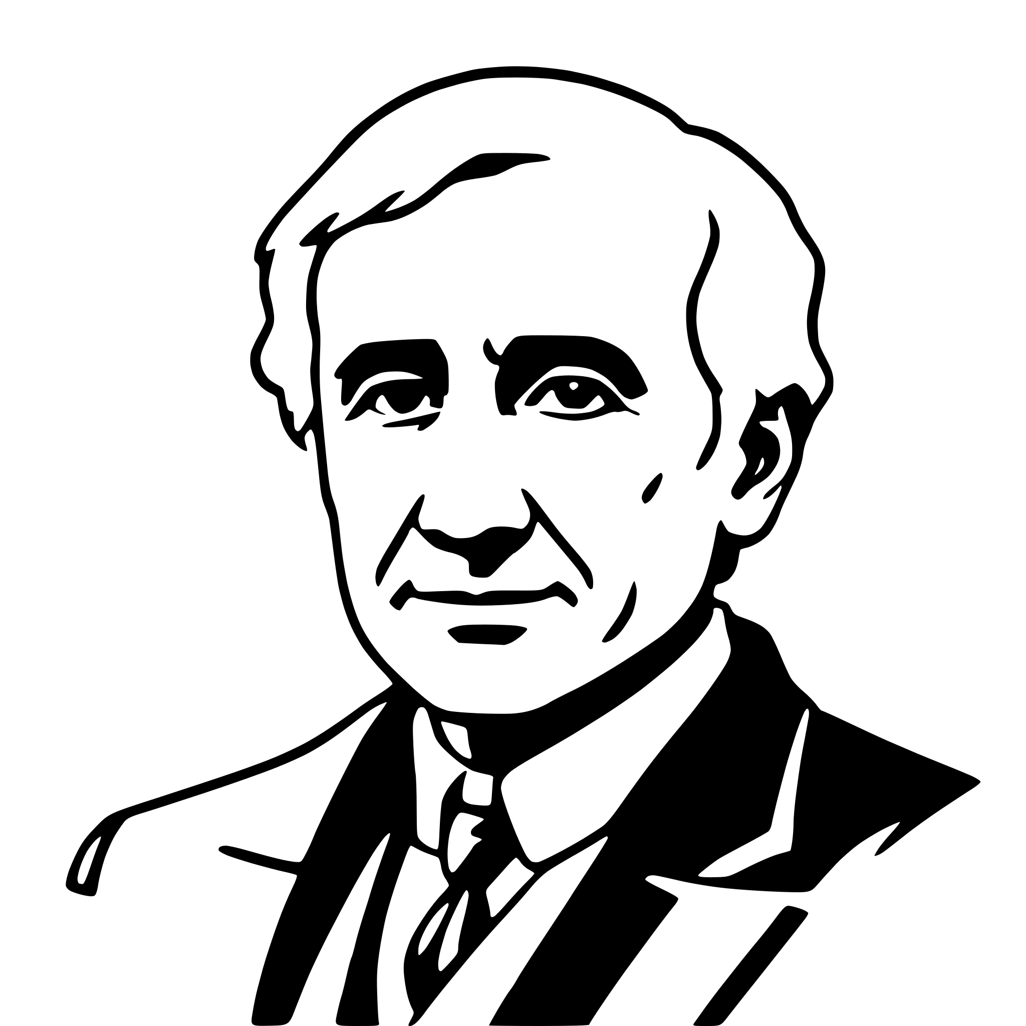 The SVG is a black and white line drawing of a man's face and upper torso. The man is depicted with a serious expression, looking slightly to the left. He has a well-groomed mustache and is wearing a suit with a tie. The style of the drawing is simplistic and appears to be a stylized representation rather than a realistic portrait. The lines are clean and the SVG is devoid of any additional elements or background details. 