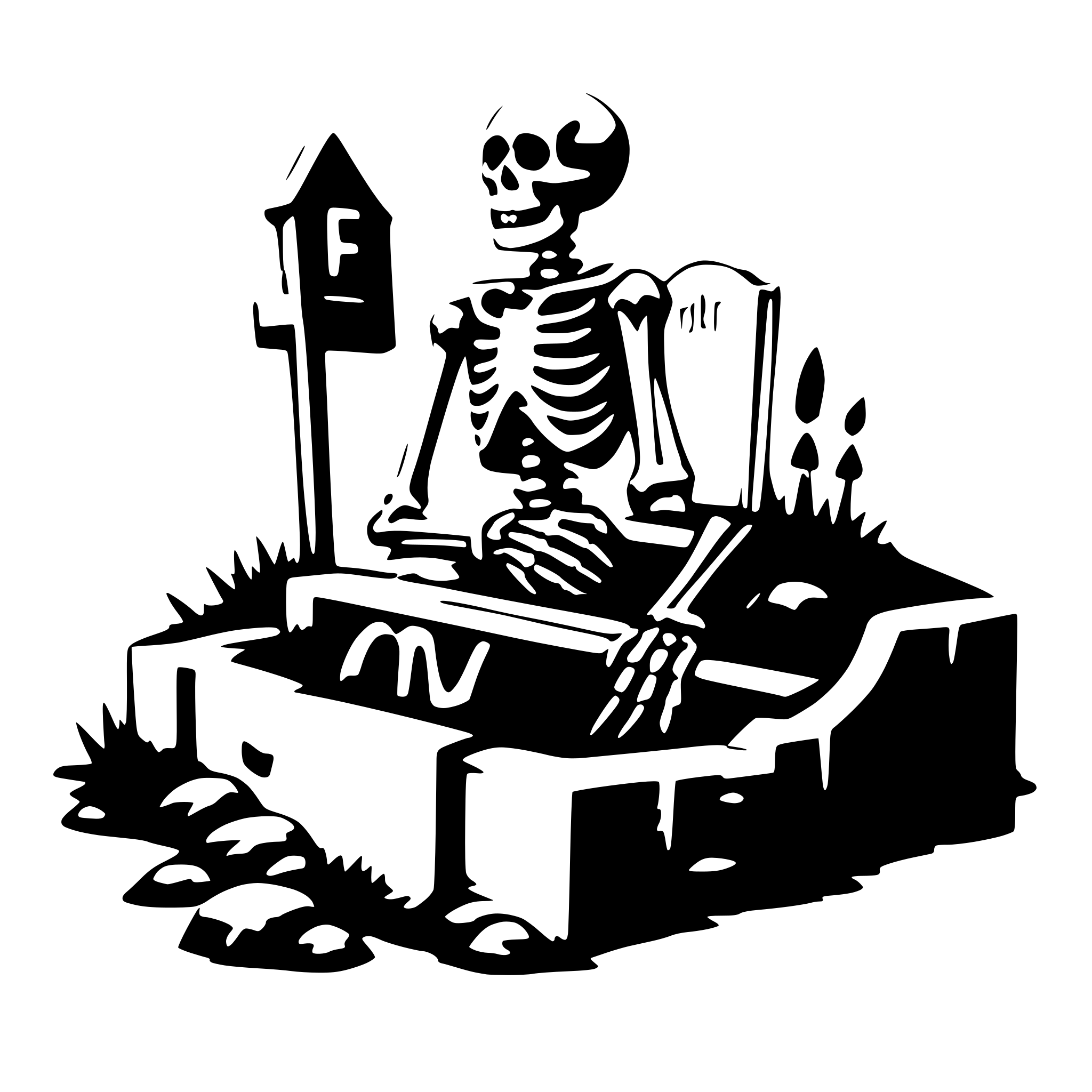 AI-generated SVG of a a skeleton climbs out of a grave with a book in his hand