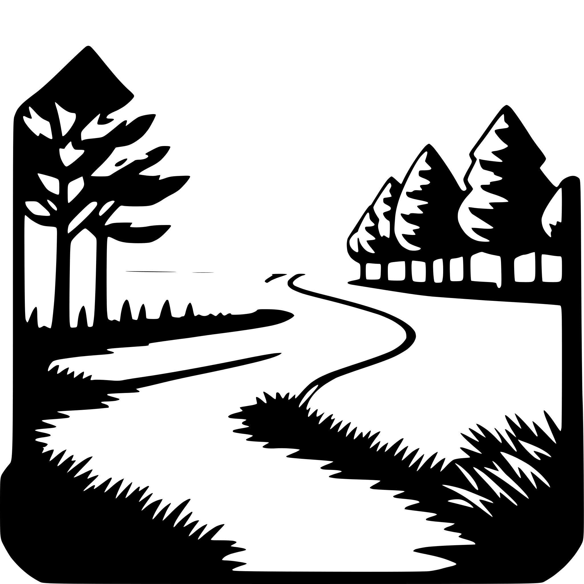 The SVG depicts a stylized, monochrome landscape scene. The main objects are a winding road that curves to the right, a line of trees on the left side of the road, and a line of trees on the right side of the road. The trees are silhouetted against a lighter background, suggesting a sky or open space. The road appears to be a path or trail, leading towards the trees in the distance. The overall style is minimalistic and graphic, with no shading or textures to indicate depth or texture. 