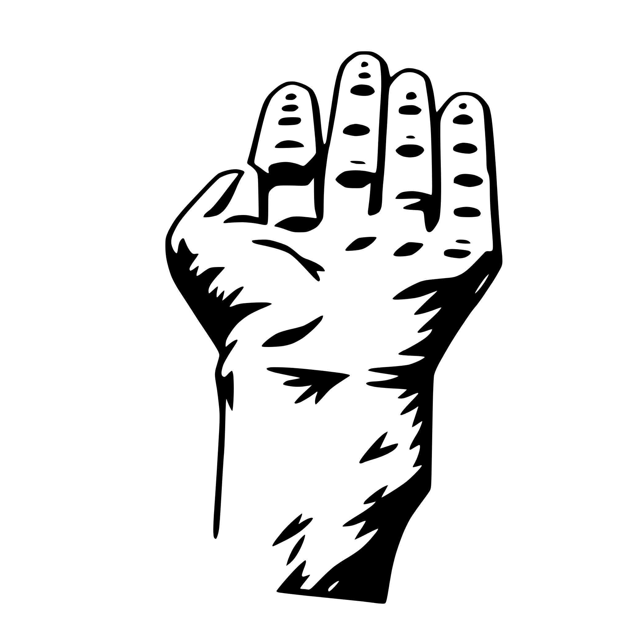 The SVG shows a stylized, black and white illustration of a human hand raised in a gesture that could be interpreted as a wave or a greeting. The hand is depicted with five fingers, and the thumb is extended outward. The palm of the hand is facing upwards, and the fingers are slightly curled. The SVG is simple and does not contain any additional objects or interactions. 