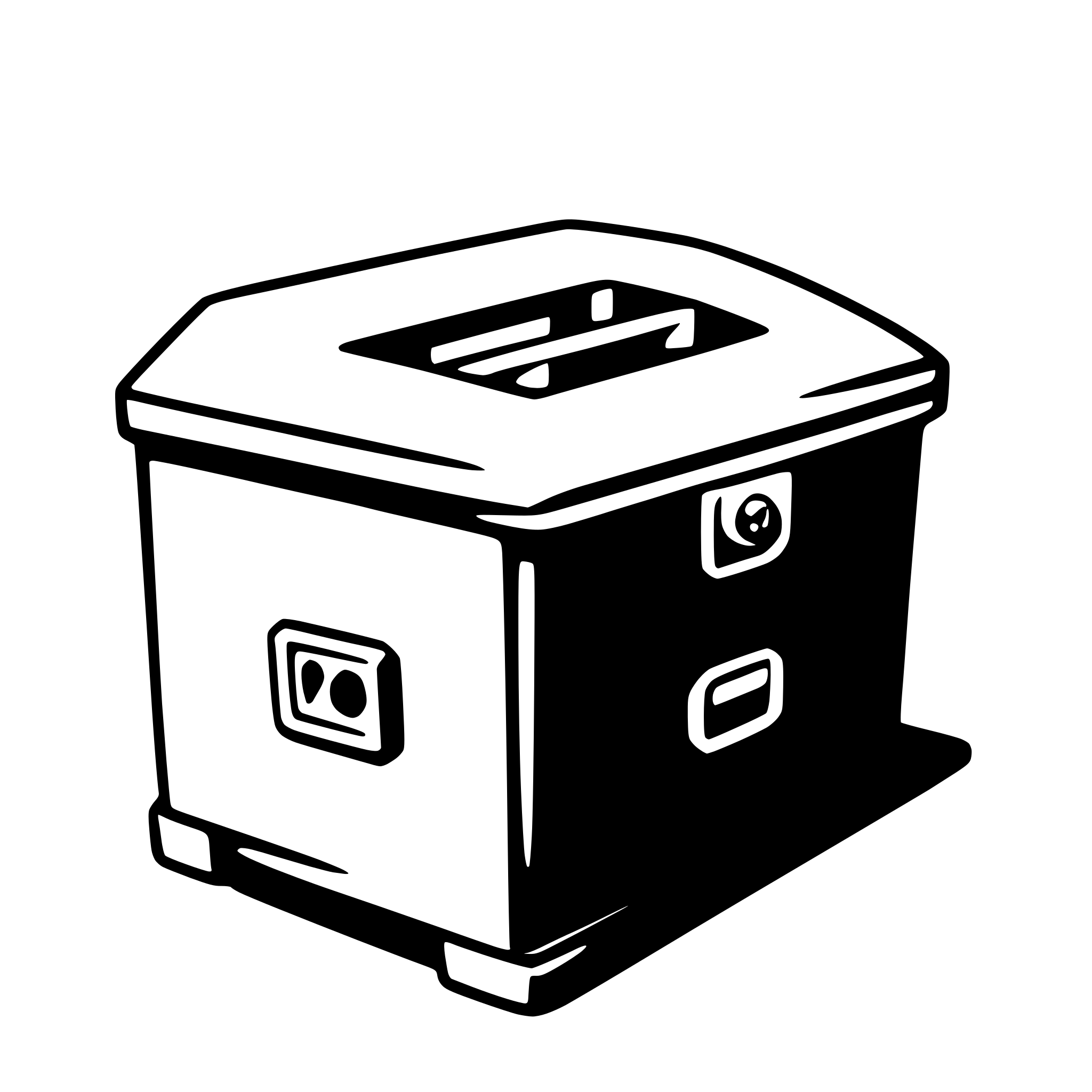 The SVG shows a simple, stylized illustration of a small, rectangular box with a lid. The box has a handle on the top and two latches on the front. The lid is open, revealing an interior space. The illustration is flat with no shading or depth, and it uses solid lines and simple shapes to convey the object. There is no interaction between objects as the SVG is static. 