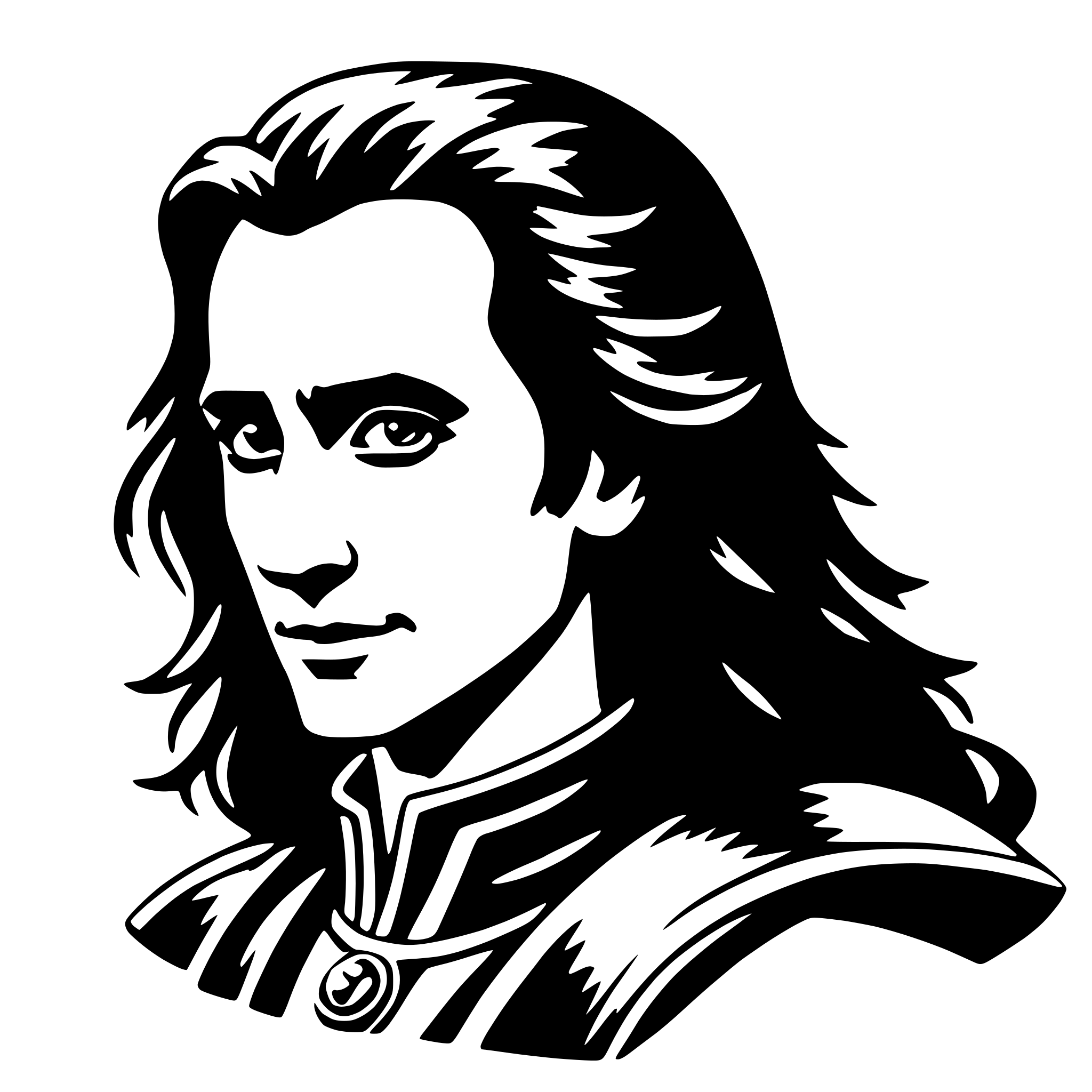 The SVG depicts a stylized portrait of a person with long hair, wearing what appears to be a historical or fantasy-style outfit with a collar. The person is looking directly at the viewer with a neutral expression. The hair is flowing and styled, suggesting movement or a sense of dynamism. The outfit has a high collar, and there is a circular emblem or badge on the left side of the chest. The overall style is reminiscent of a character from a historical or fantasy narrative, possibly a warrior or a noble figure. 
