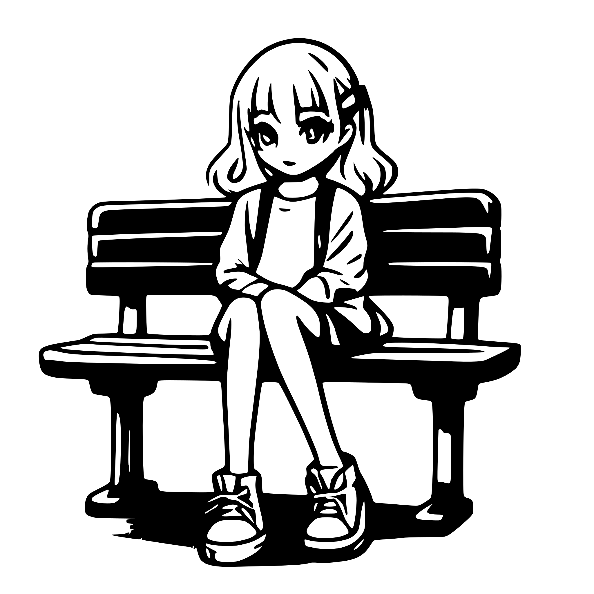 AI-generated SVG of a cute anime girl, style - short body, cartoonish, big head and eyes, in a skirtm, and shoes, sitting on a bench