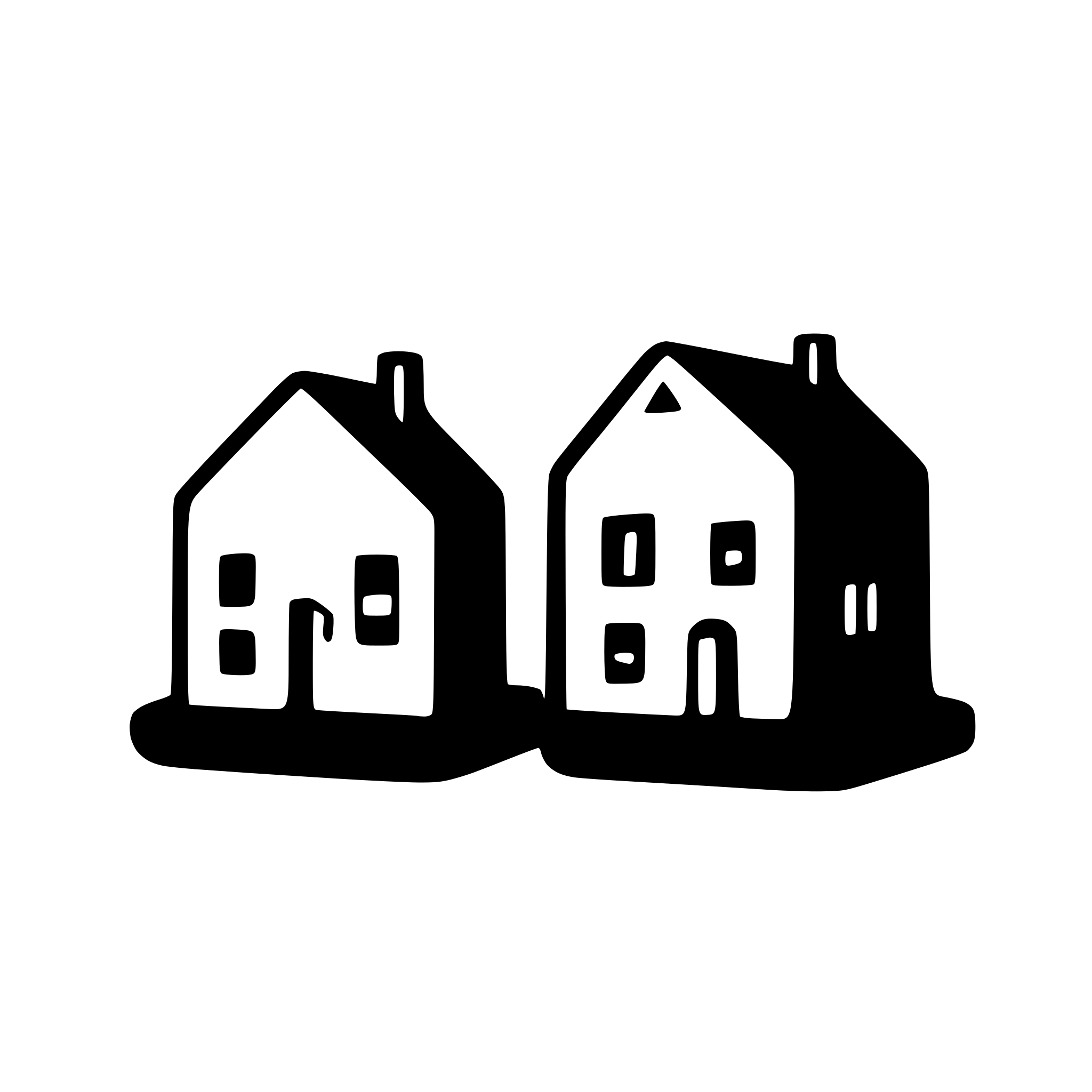 AI-generated SVG of a skyline silhouette icon of 2 small  buildings among 10 houses
