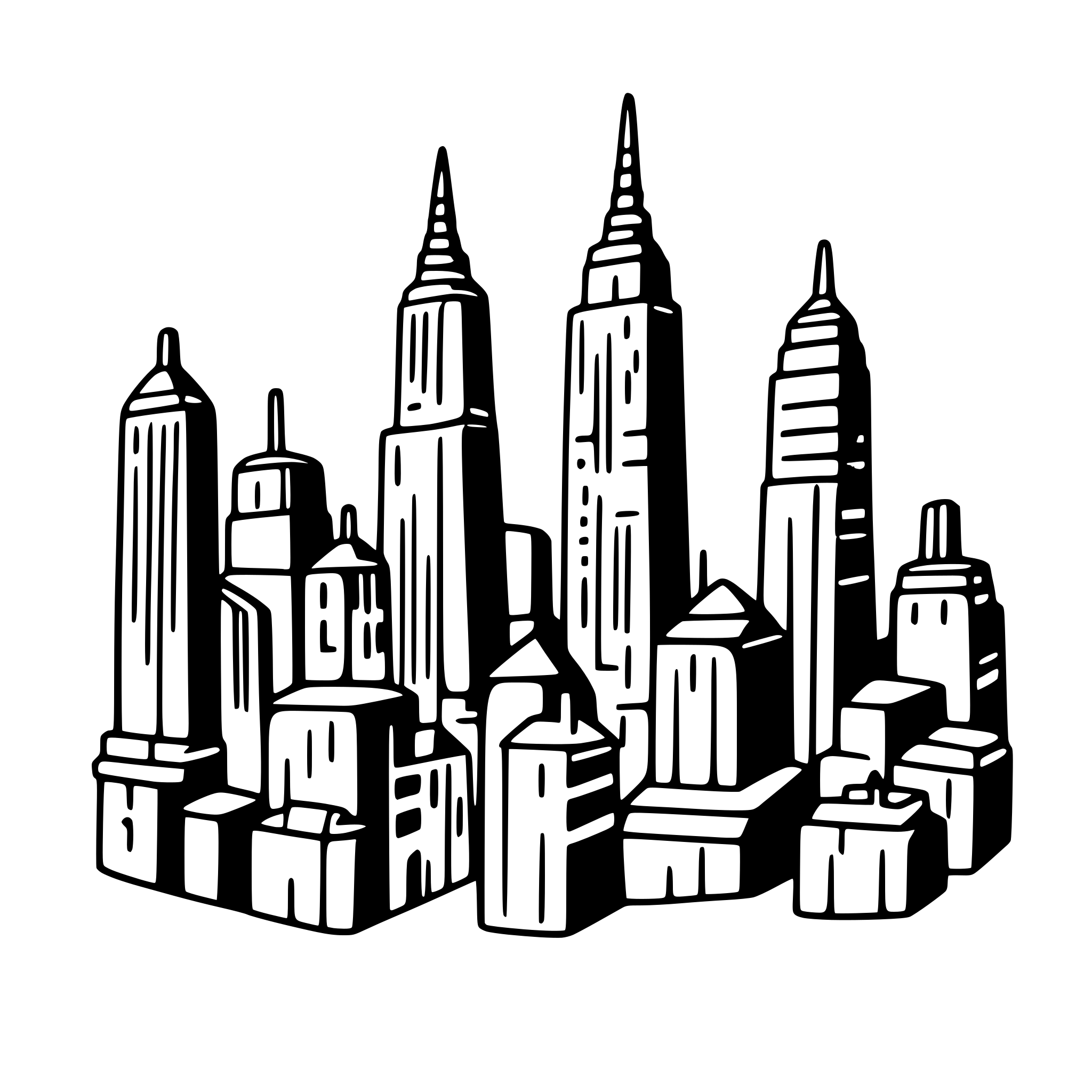 AI-generated SVG of a “Minimal‑line, monochrome night illustration of the New York City skyline. Two iconic towers dominate: the Empire State Building on the left and the Chrysler Building on the right, each rendered in thin, precise outlines and dark‑gray shading. Around them, mid‑rise rectangular buildings fill the lower half of the frame, their window grids drawn in the same subdued gray. The sky is nearly black with a very subtle vertical gradient, containing only a few tiny plus‑shaped stars and faint cloud silh