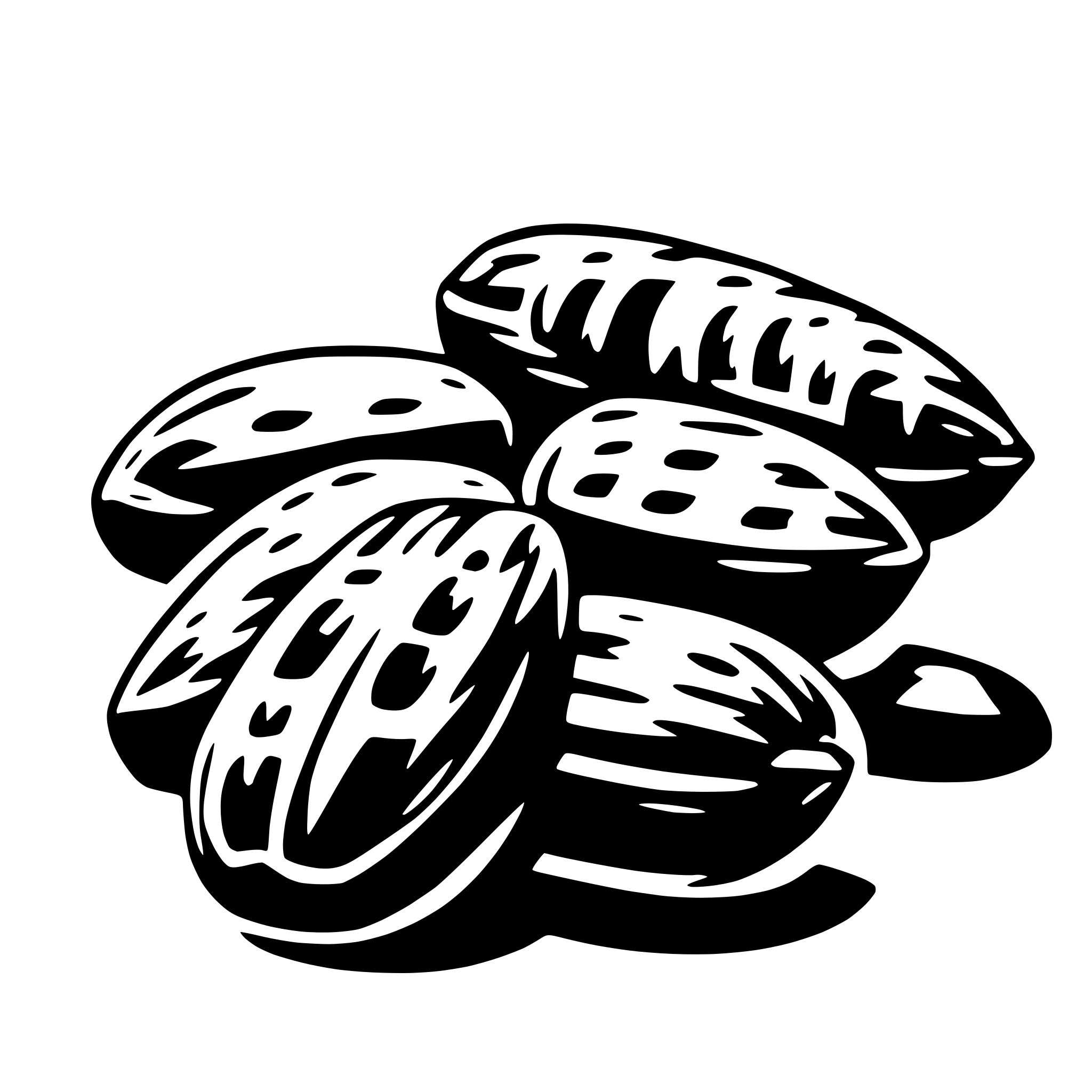 The SVG shows a collection of black, textured objects that resemble avocados, with a glossy appearance as if they are fresh and possibly oily. They are arranged in a somewhat random pattern, with some overlapping each other, creating a sense of abundance or a generous serving. The style of the SVG is simple and graphic, with no additional details or background elements, which emphasizes the avocados as the main subject. 