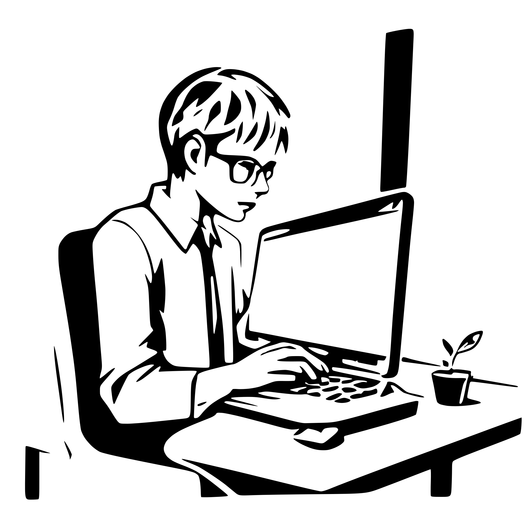 AI-generated SVG of a scientific tech guy coding on a laptop
