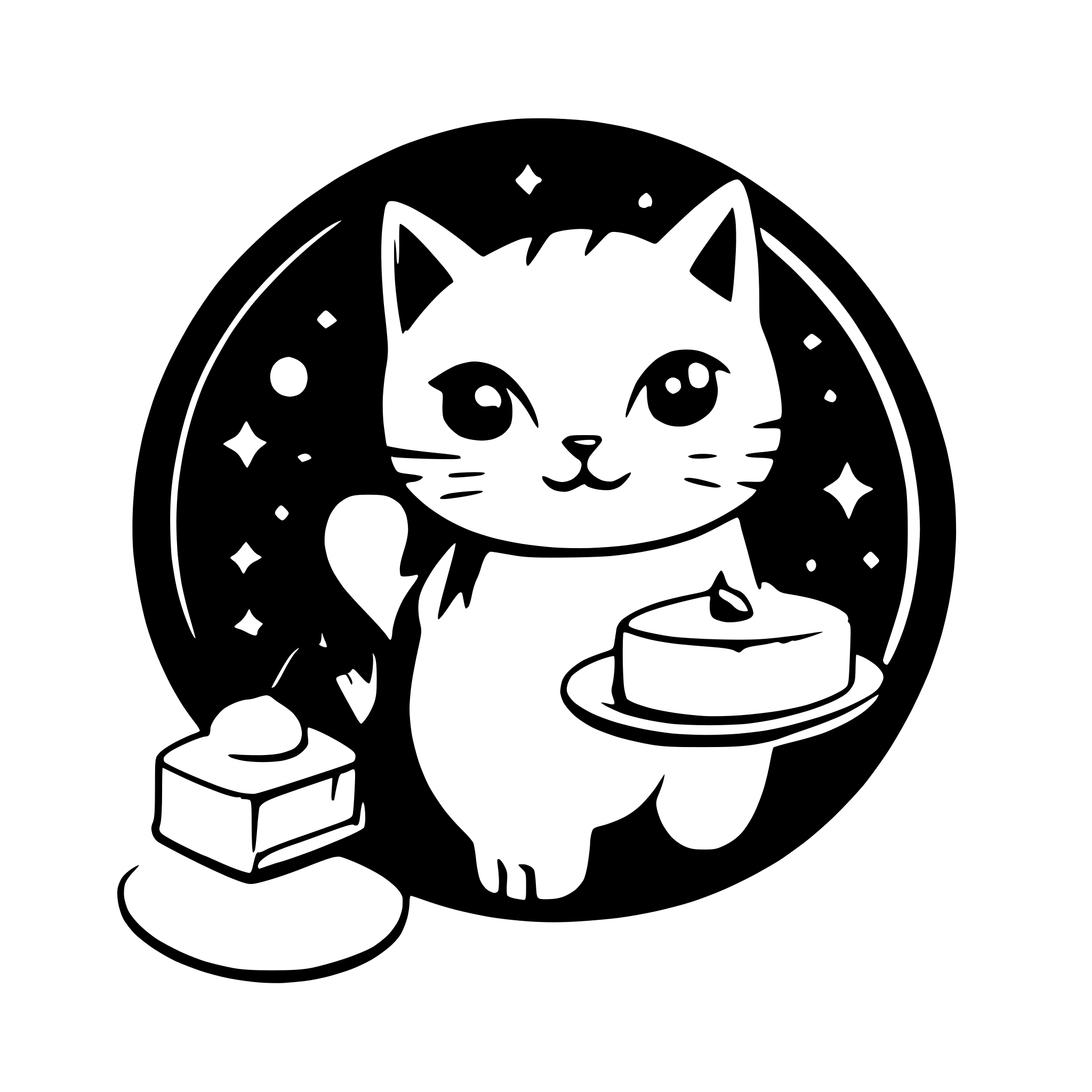 AI-generated SVG of a Brand name: esiensi. Brand slogan: Taste the Artistry. A logo for preparing cakes, homemade sweets and finger food trays for cafes, celebrations and parties. A symbol of a 4-year-old domestic male cat in white with gray spots and a slice of cake and finger food Color: combination of pink and gray. Use limited and simple colors, and a simple background color. Design: Simple and without complicated details. Clean and clear lines should be used to create the shape of a cat, and the use of the cat s