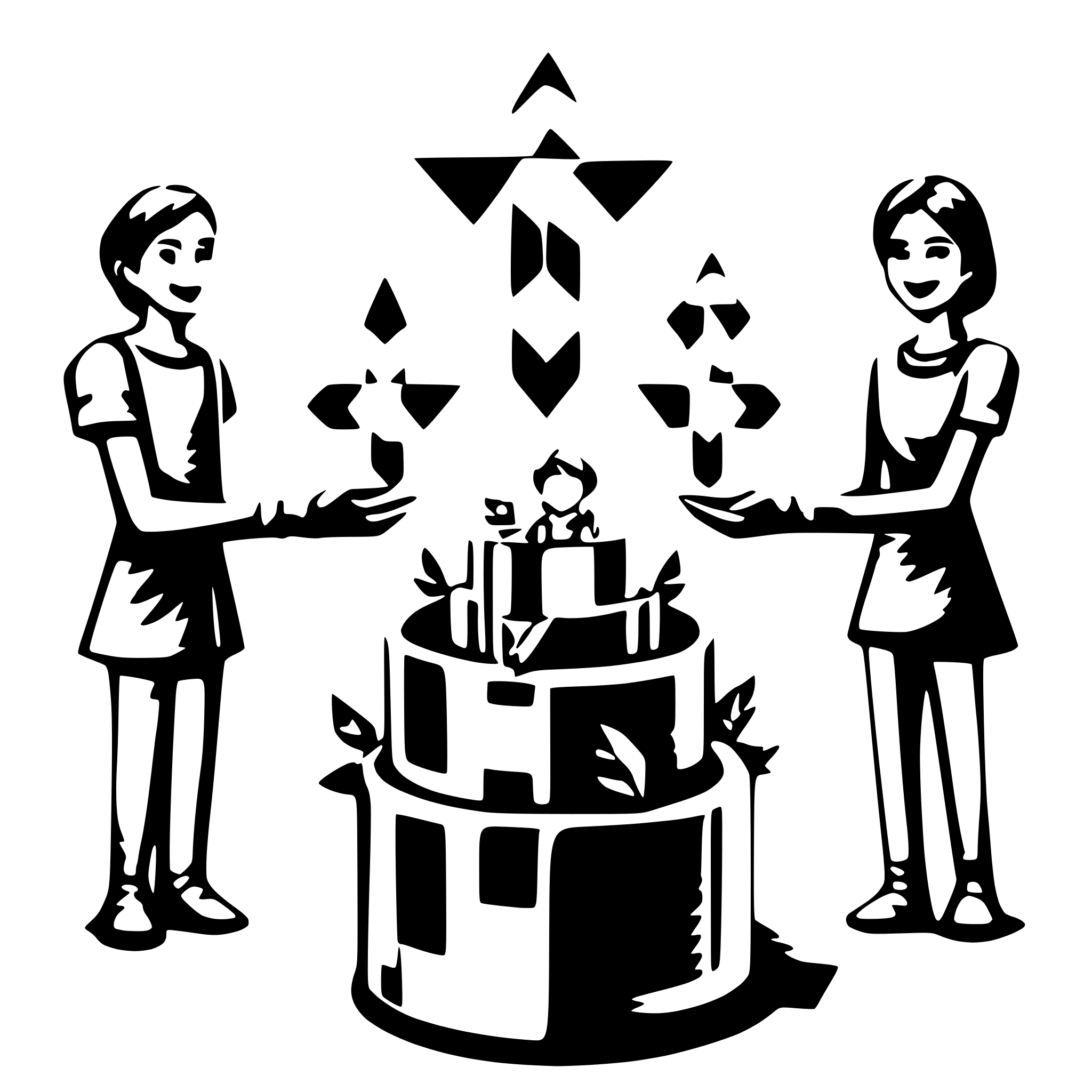 AI-generated SVG of '5 people connected with arrows, each arrow has a gift box on it, all people are happy'