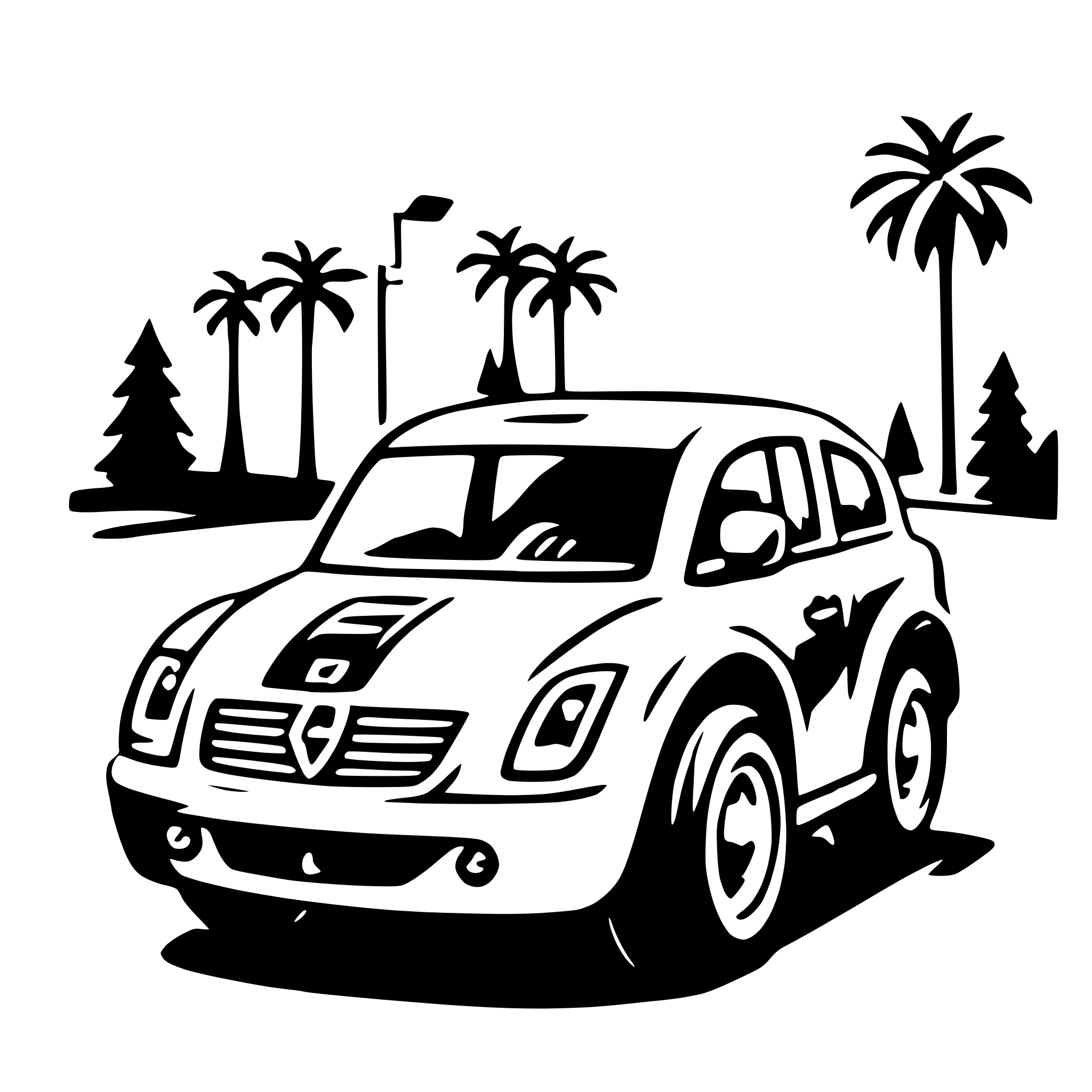 The SVG depicts a stylized, cartoon-like illustration of a car on a road. The car is a compact vehicle with a prominent front grille and a curved windshield. It has a simplified design with minimal detail, emphasizing its shape and the direction of travel. The background features silhouettes of palm trees and a clear sky, suggesting a tropical or warm climate. The road appears to be a straight stretch, and there are no other vehicles or significant landmarks visible. The overall style is reminiscent of a graphic from a children's book or a simplified road sign. 