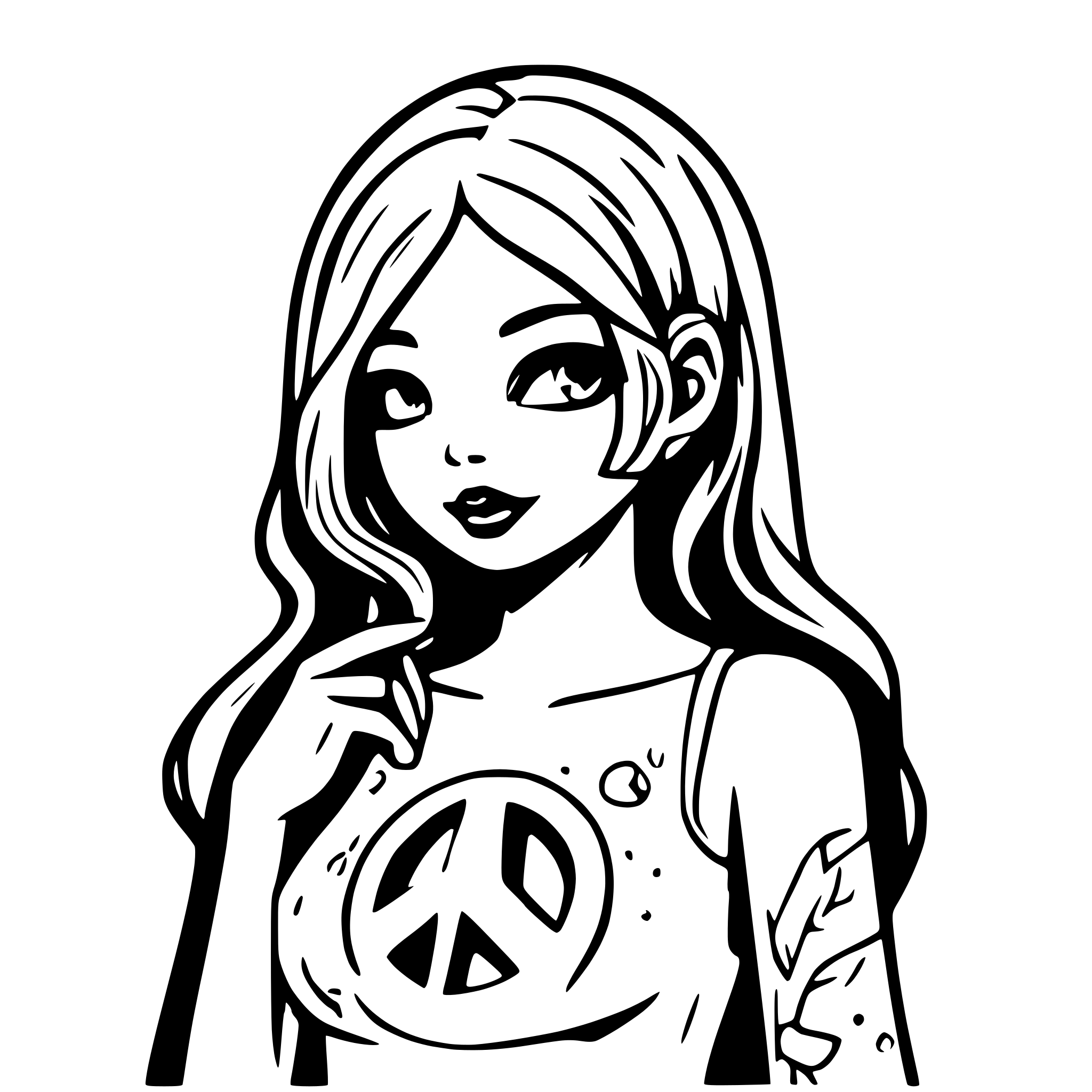 AI-generated SVG of a Cute zombie girl with big breast showing a peace sign with stars and moon in the background
