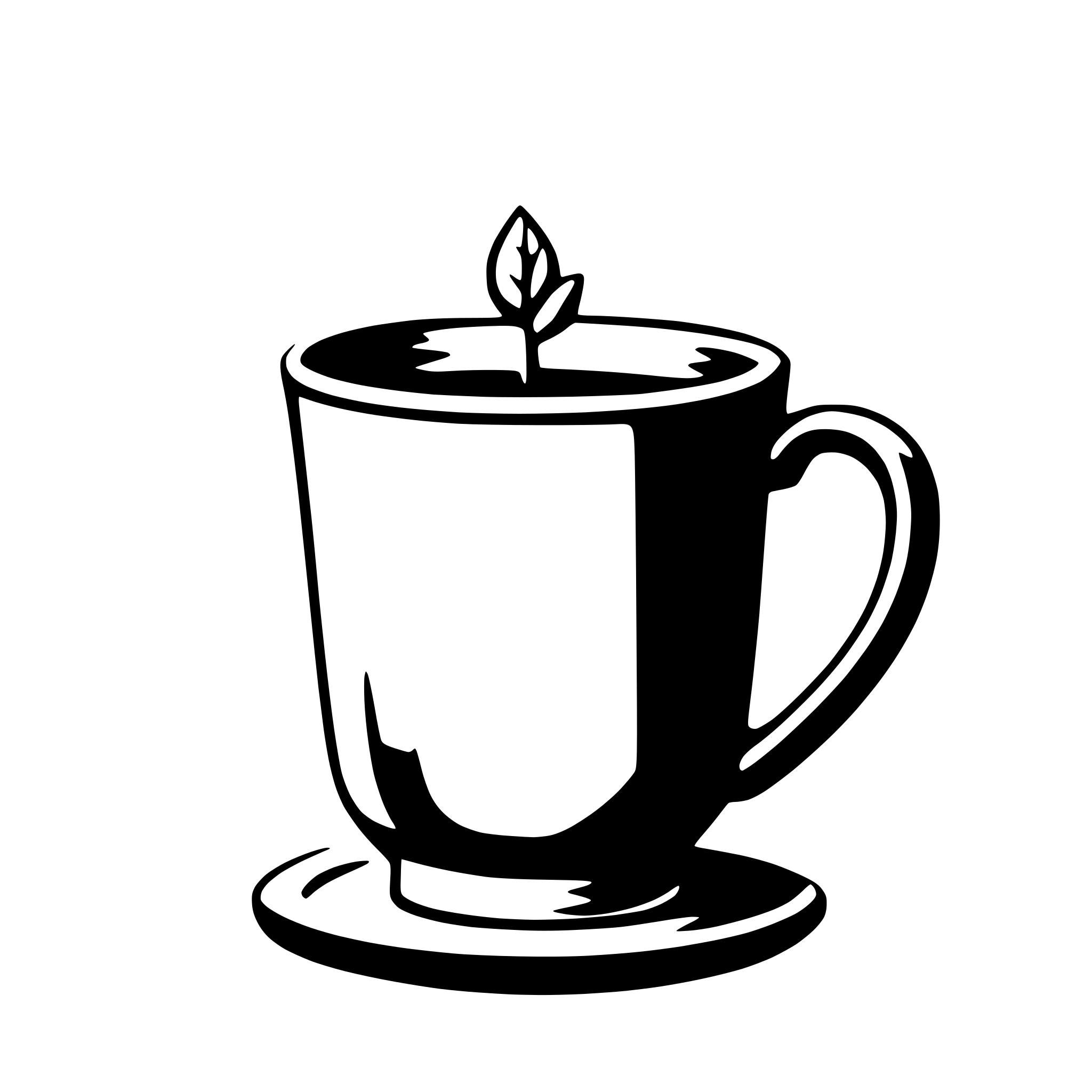 The SVG shows a simple line drawing of a coffee cup with a plant sprouting from the top. The cup is depicted with a handle on the right side and a saucer beneath it. The plant appears to be a small, leafy sprout with a single visible leaf. The style of the SVG is minimalistic and uses negative space to define the shapes. 