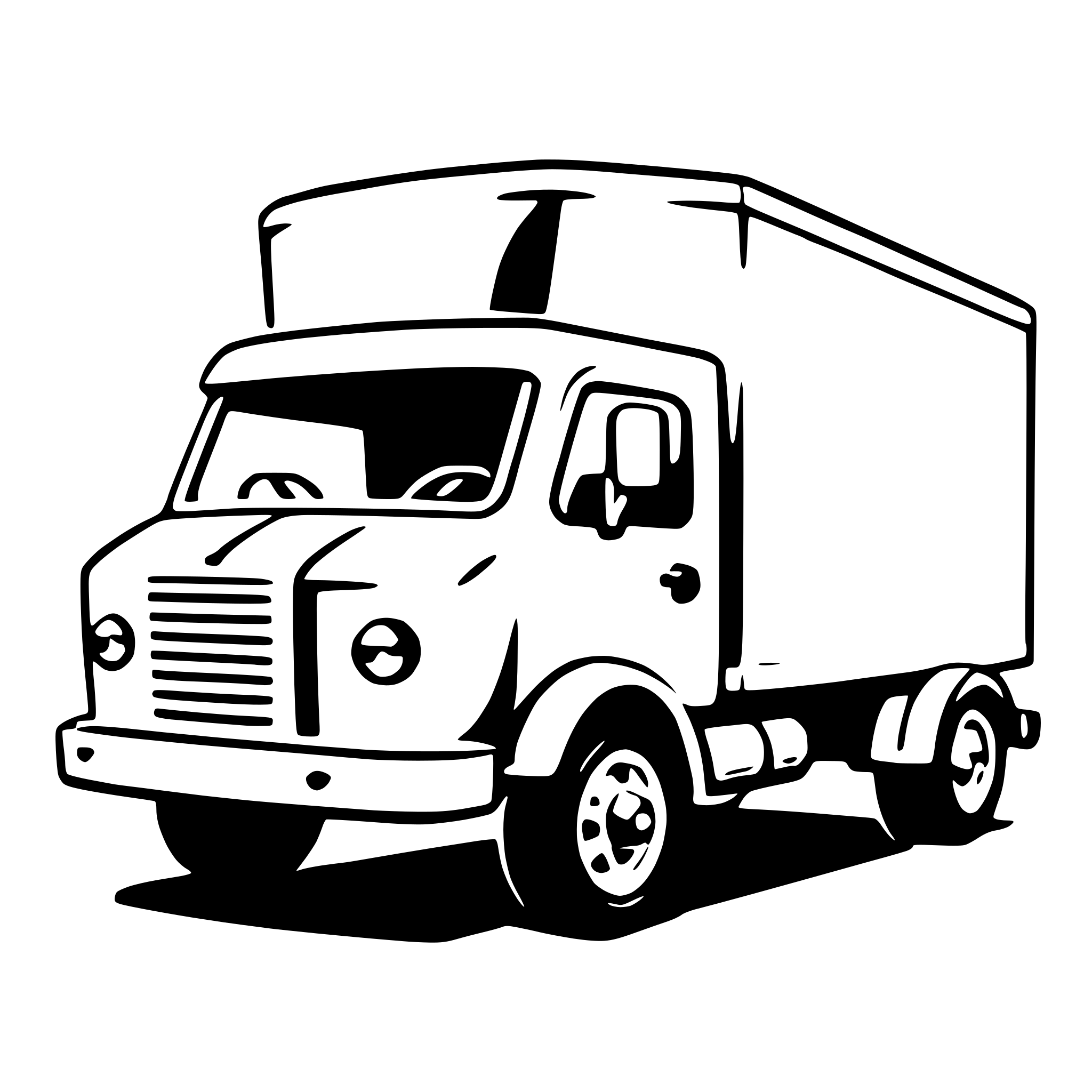 The SVG depicts a simple line drawing of a truck. The truck is shown in a side view, with the front facing the viewer. It has a rectangular cab with a visible windshield and two side windows. The cab is connected to a rectangular trailer, which is also visible from the side. The truck has a pair of wheels on each side, and there is a visible exhaust pipe on the right side of the cab. The truck is depicted with a flat front grille and a pair of headlights. The SVG is stylized with solid lines and no shading or color, giving it a minimalist appearance. 