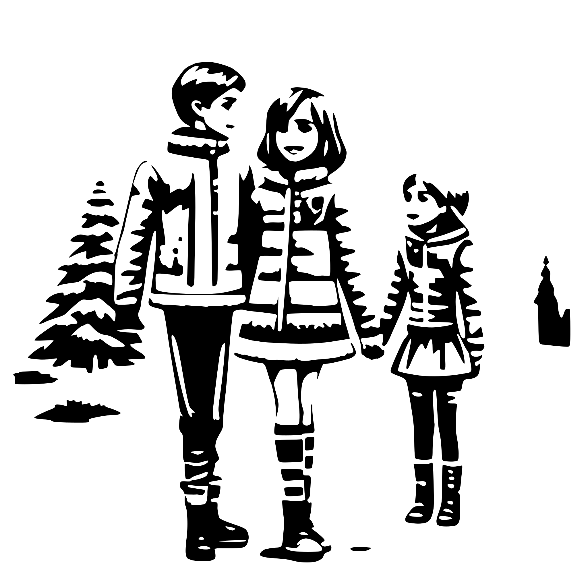 AI-generated SVG of 'a little girl in a beautiful dress with a boy in shorts and a T-shirt, from behind a teenager in a winter jacket'