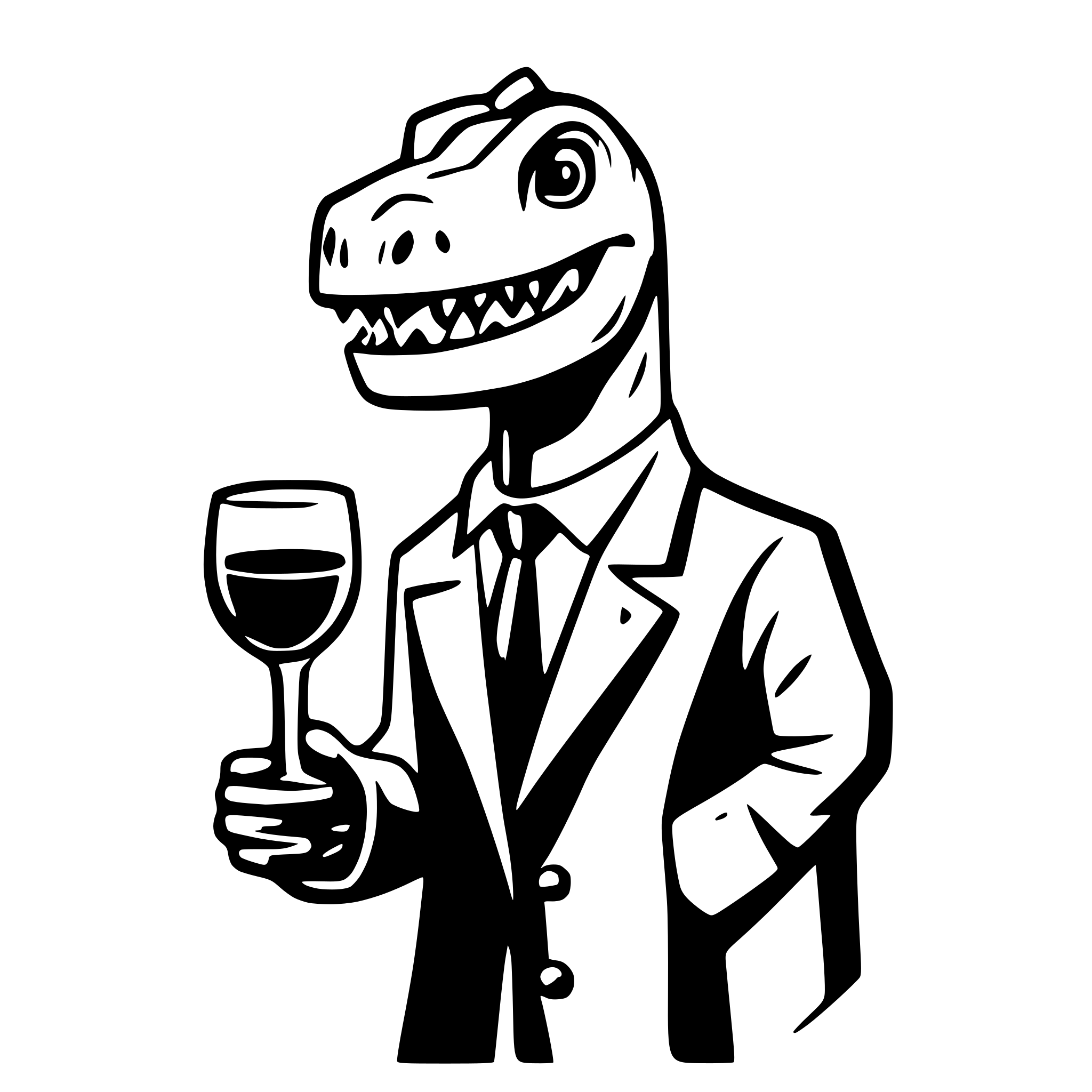AI-generated SVG of a dinosaur with a glss of wine in the hand