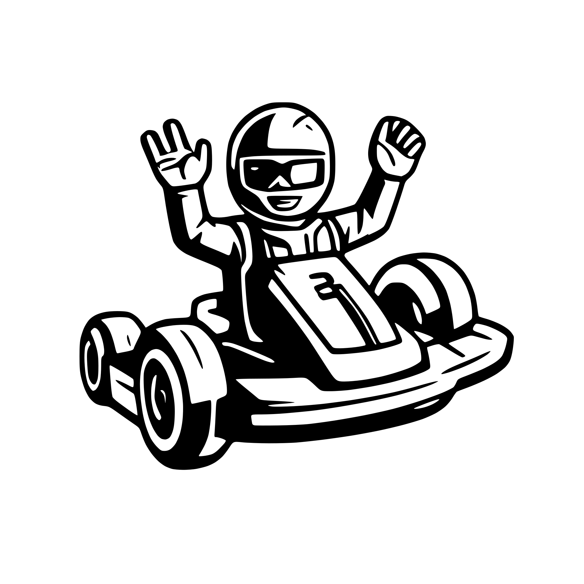 AI-generated SVG of a Create a monochrome SVG illustration of a go-kart racer celebrating a victory. The racer, wearing a helmet and racing suit, is sitting in a go-kart with the number '1' prominently displayed on the front. The racer has both arms raised in celebration. Include defined lines and bold shapes to convey a sense of speed and excitement. The image should be in black and white, focusing on clear, sharp outlines to highlight the dynamic pose and design of the go-kart.