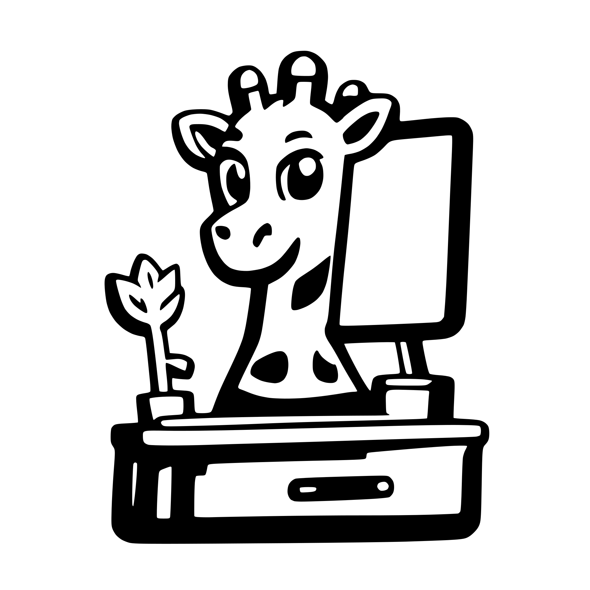 AI-generated SVG of a create a svg logo icon of a cartoon giraffe that is using a computer. This will serve as a mascot for a company.