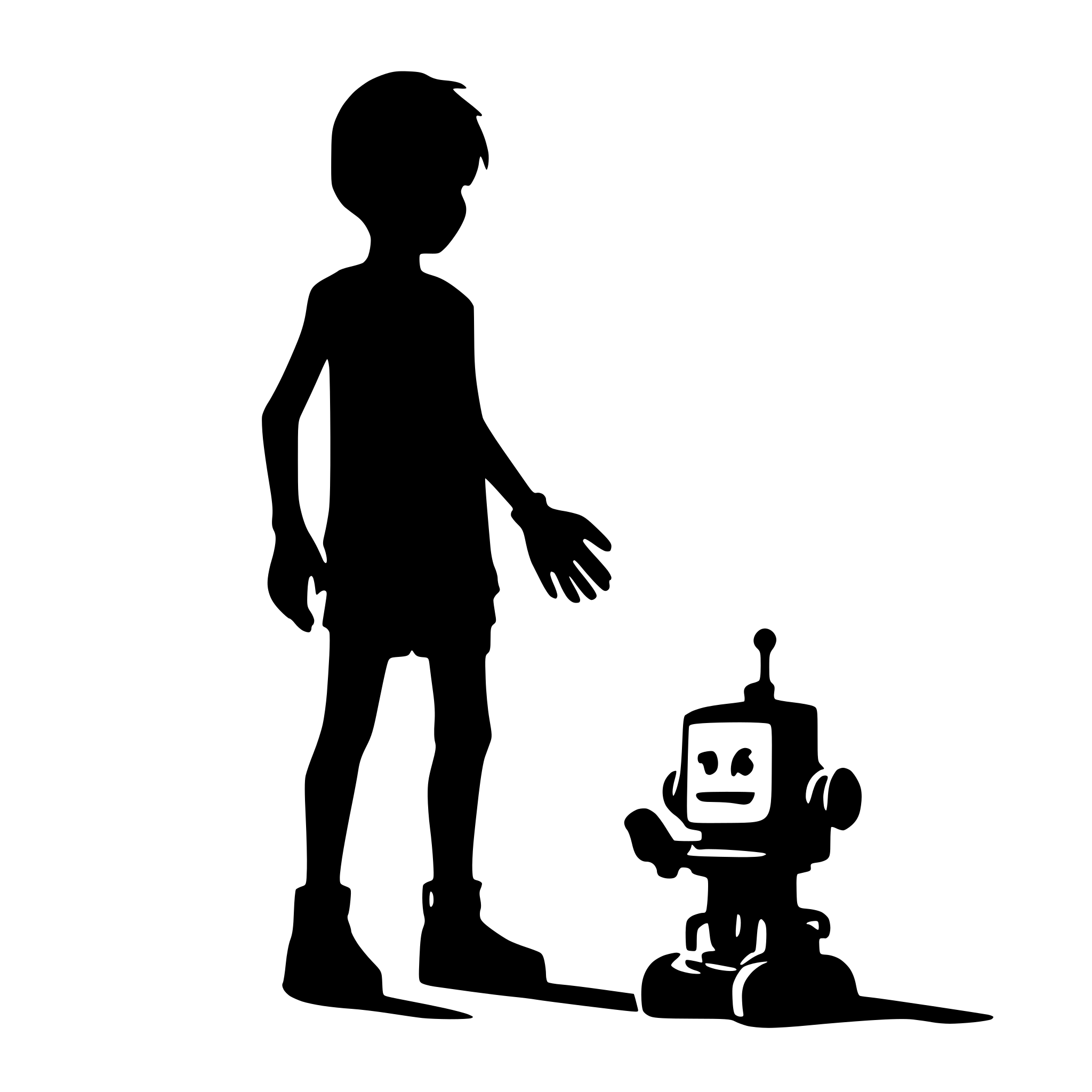 AI-generated SVG of a friendly boy playing with a robot. No background.
