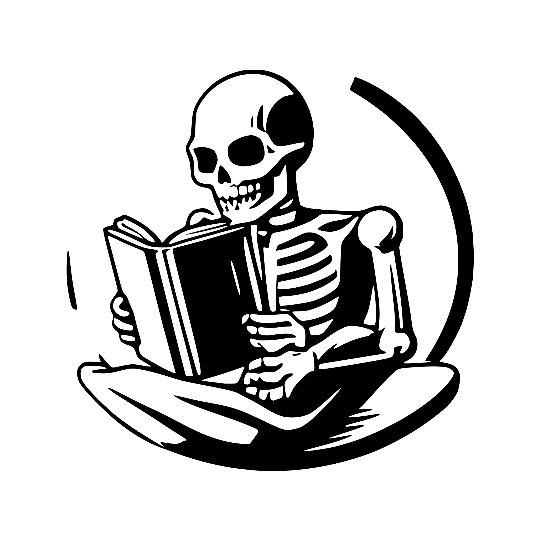 AI-generated SVG of a skeleton reading a book