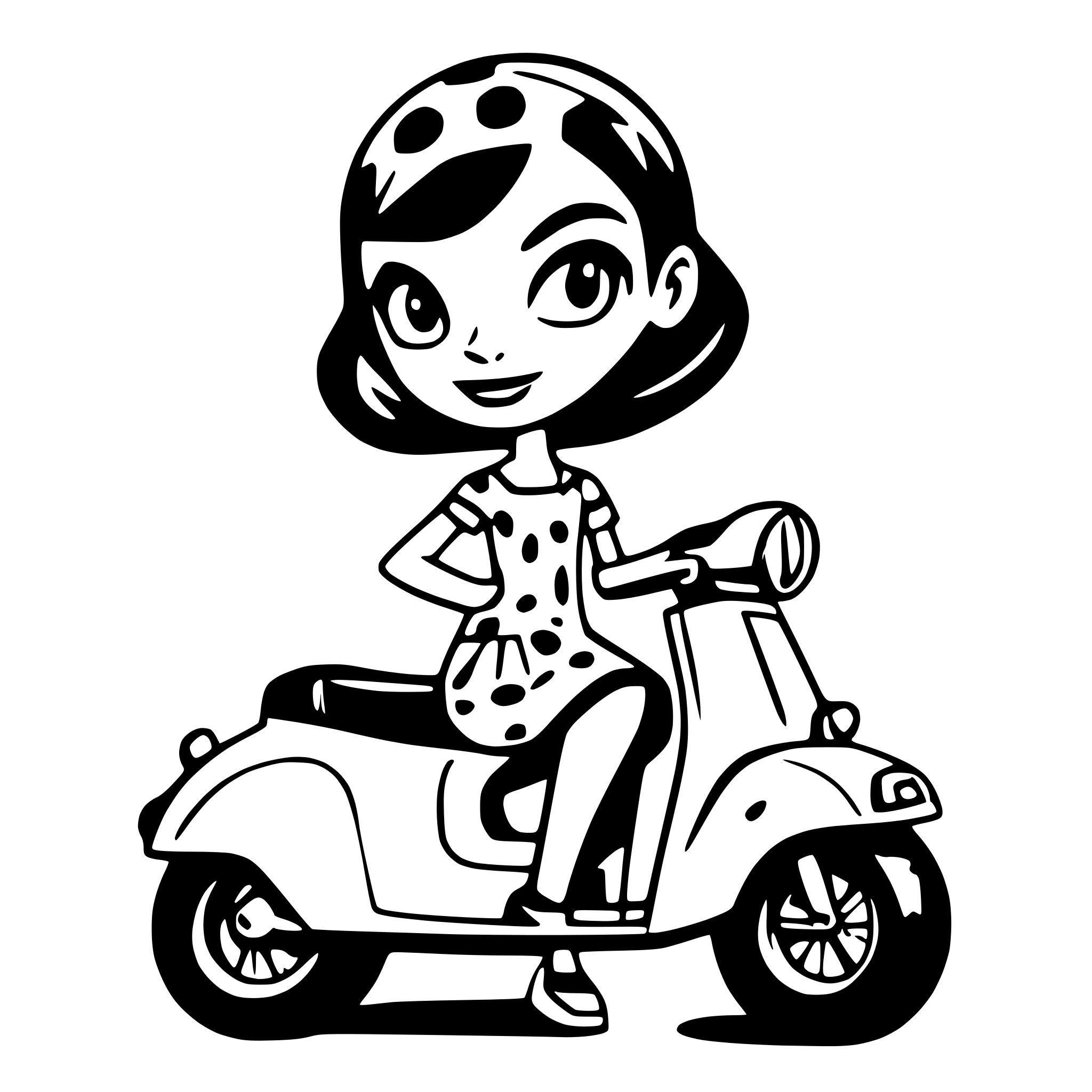 AI-generated SVG of a Girl on a vespa scooter with short dark hair and a polka dot dress