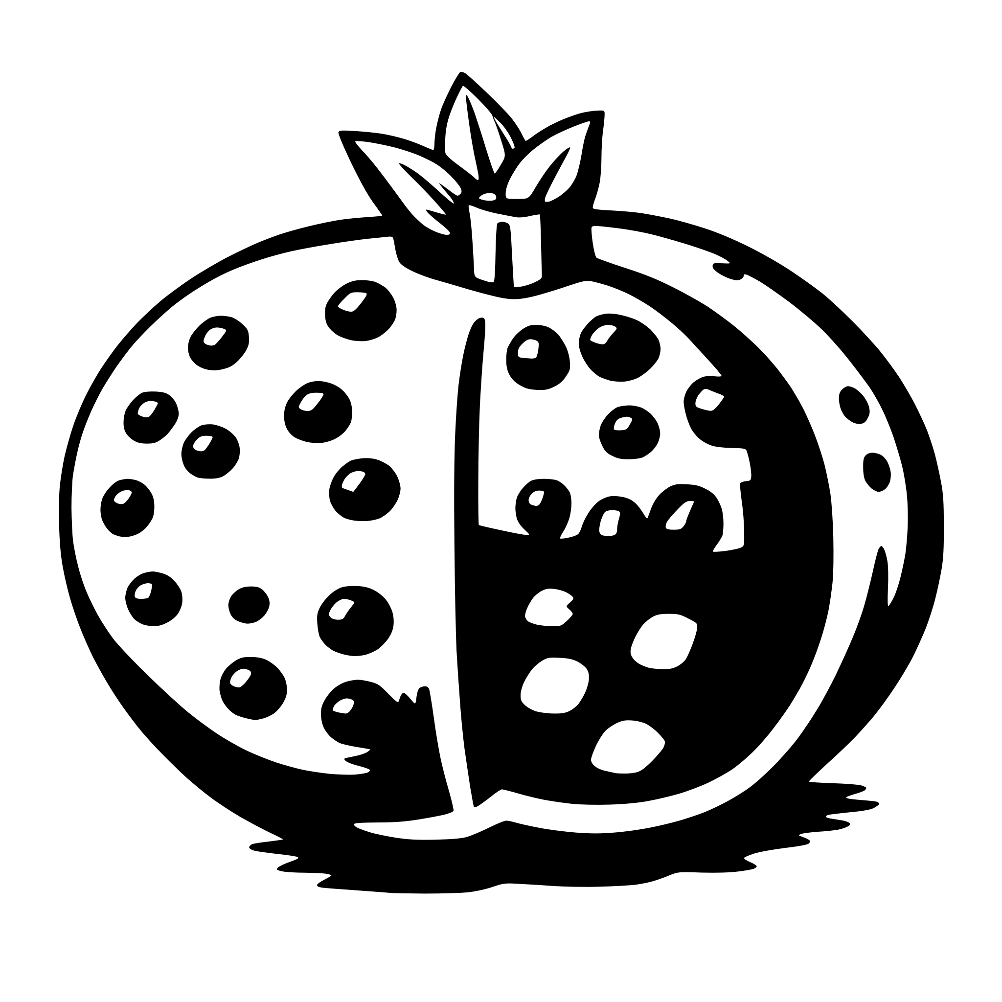 The SVG depicts a stylized, cartoon-like illustration of a fruit, possibly a berry or a type of fruit with a spiky exterior. The fruit has a prominent crown-like shape on top, suggesting a royal or precious theme. The body of the fruit is covered in small, round dots, giving it a textured appearance. The fruit is split in half, revealing a darker interior with more pronounced dots, which could imply a contrast between the outer and inner textures or flavors. The overall style is simple and graphic, with bold outlines and a limited color palette. 