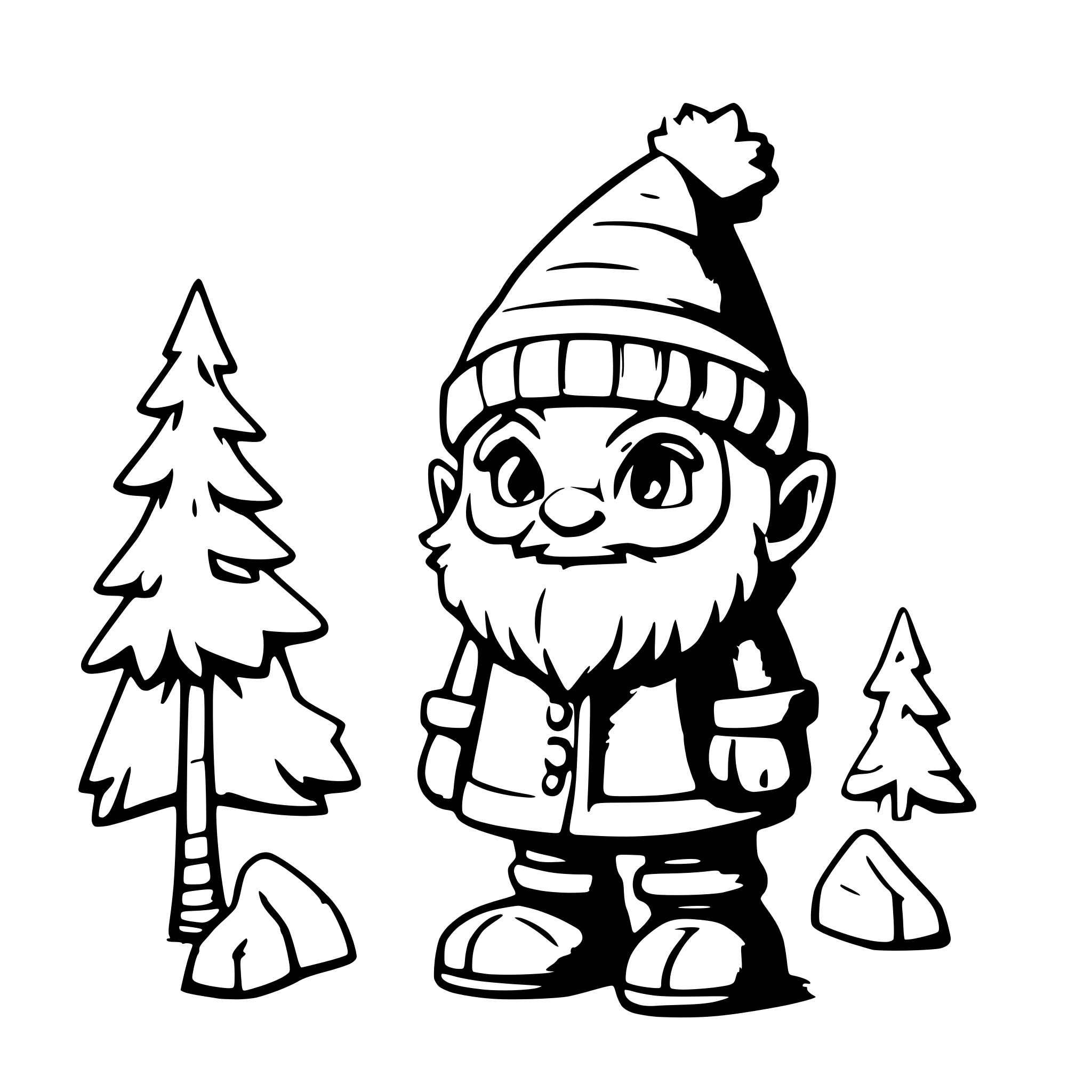 AI-generated SVG of a generate - lovely realistic gnome, for 3 year old kids, should be like a post card, drawing can be colorful,  in is puffy more snow storm and background christmas tree with presents it could be also romantic and warm room near fireplace and should gnome holds with hands sign where to write kid name, after card will be printed