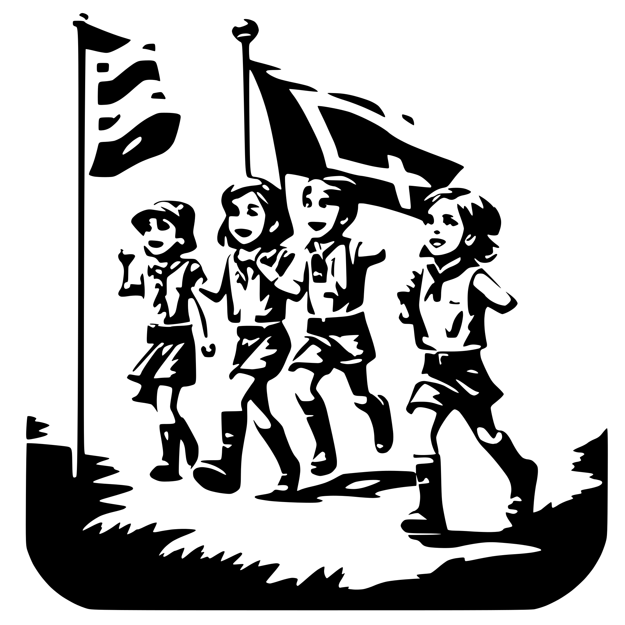 AI-generated SVG of a scout children running around the flag