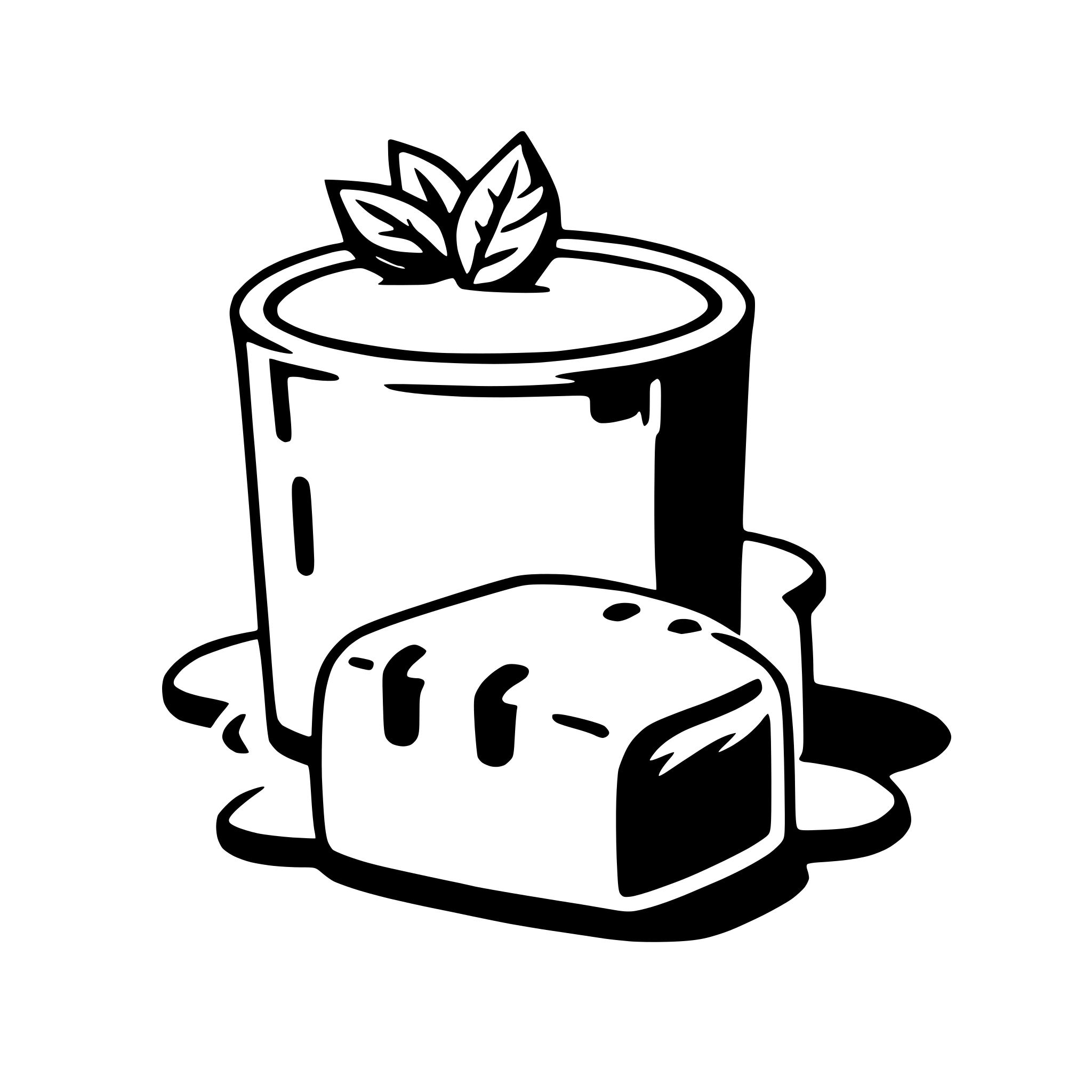 The SVG depicts a simple, stylized illustration of a loaf of bread and a jar of jam. The bread is shown with two visible holes, suggesting it is a slice of bread, and it is placed on the right side of the jar. The jar appears to be a cylindrical container with a lid, and there is a leaf on top, which could be a decorative element or a piece of the jam. The bread and the jar are the main objects in the SVG, and they are placed close to each other, suggesting a common theme of food or snacks. The SVG is minimalistic and does not contain any text or additional elements. 