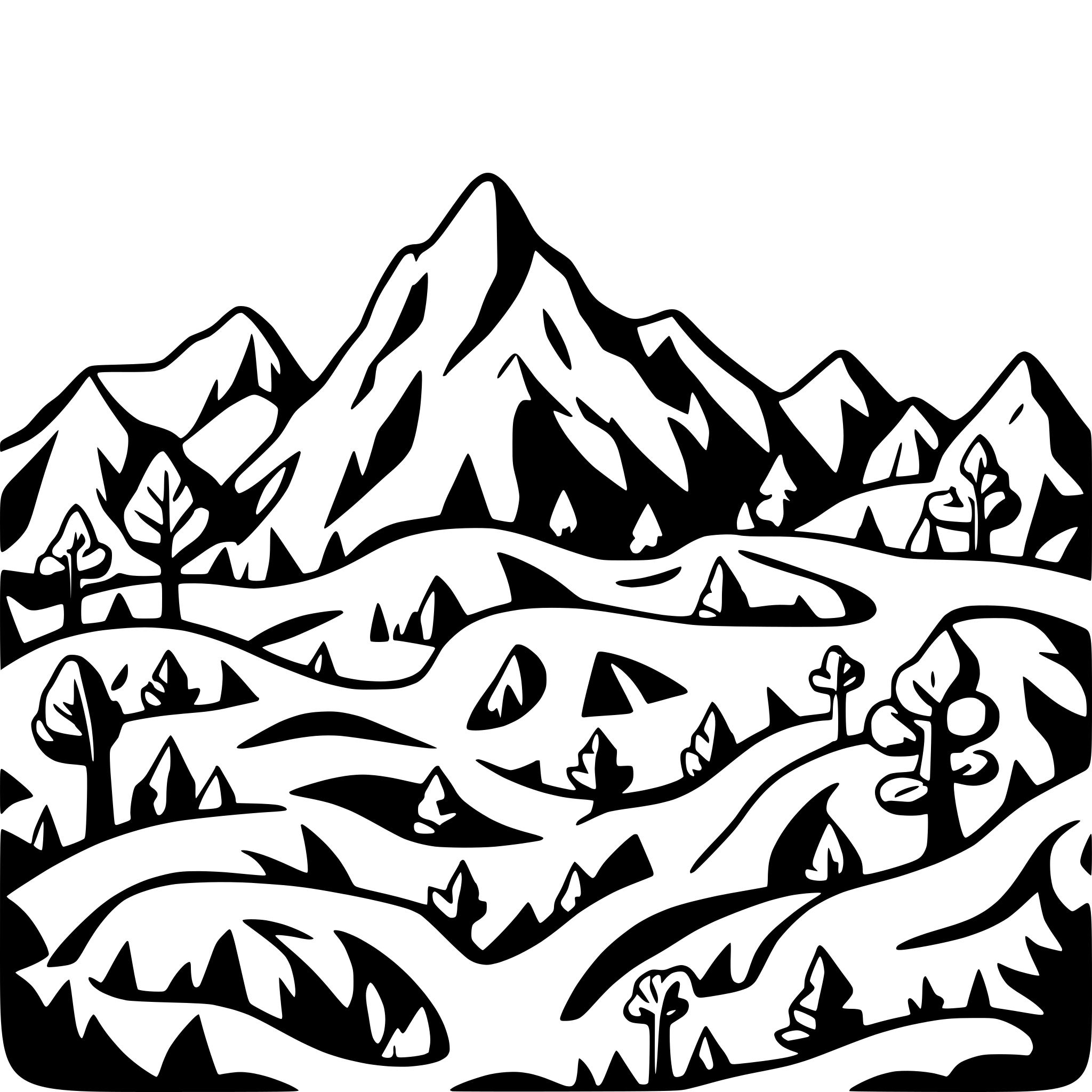 AI-generated SVG of a 3 mountains, trees, cartoony
