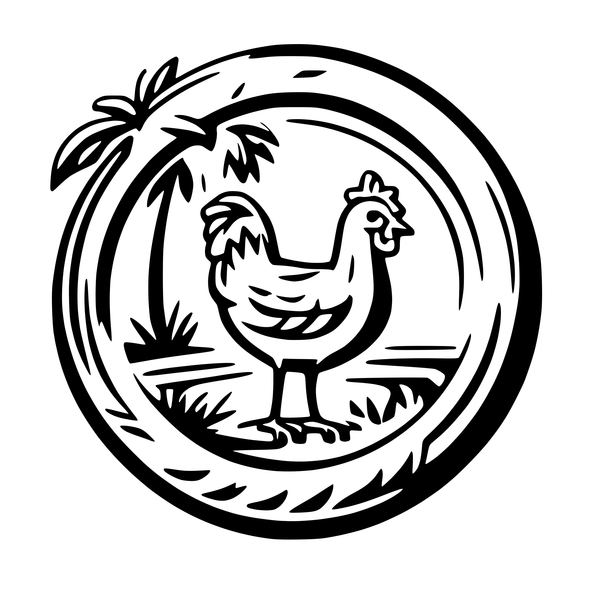 AI-generated SVG of a A circular logo of a hawaiian themed backdrop with chicken in the center. Make it with palm trees on the side and waves in the center. This logo is simple meaning little detail and in black and white, made for easy vinyl cutting to put on t-shirts. Chicken in the center