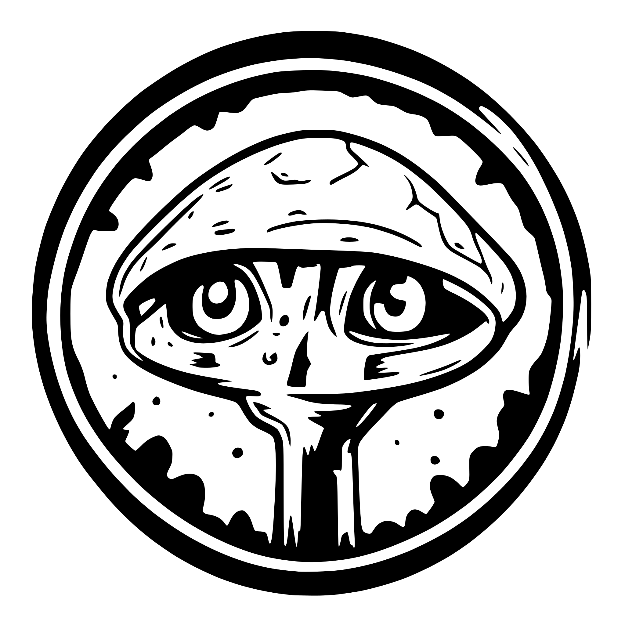 AI-generated SVG of a Or you can make two circles, one bigger than the other inside but smaller, between them stripes in the form of psilocybin mushroom hymenophores, or eyes, inside the text "PSYD"