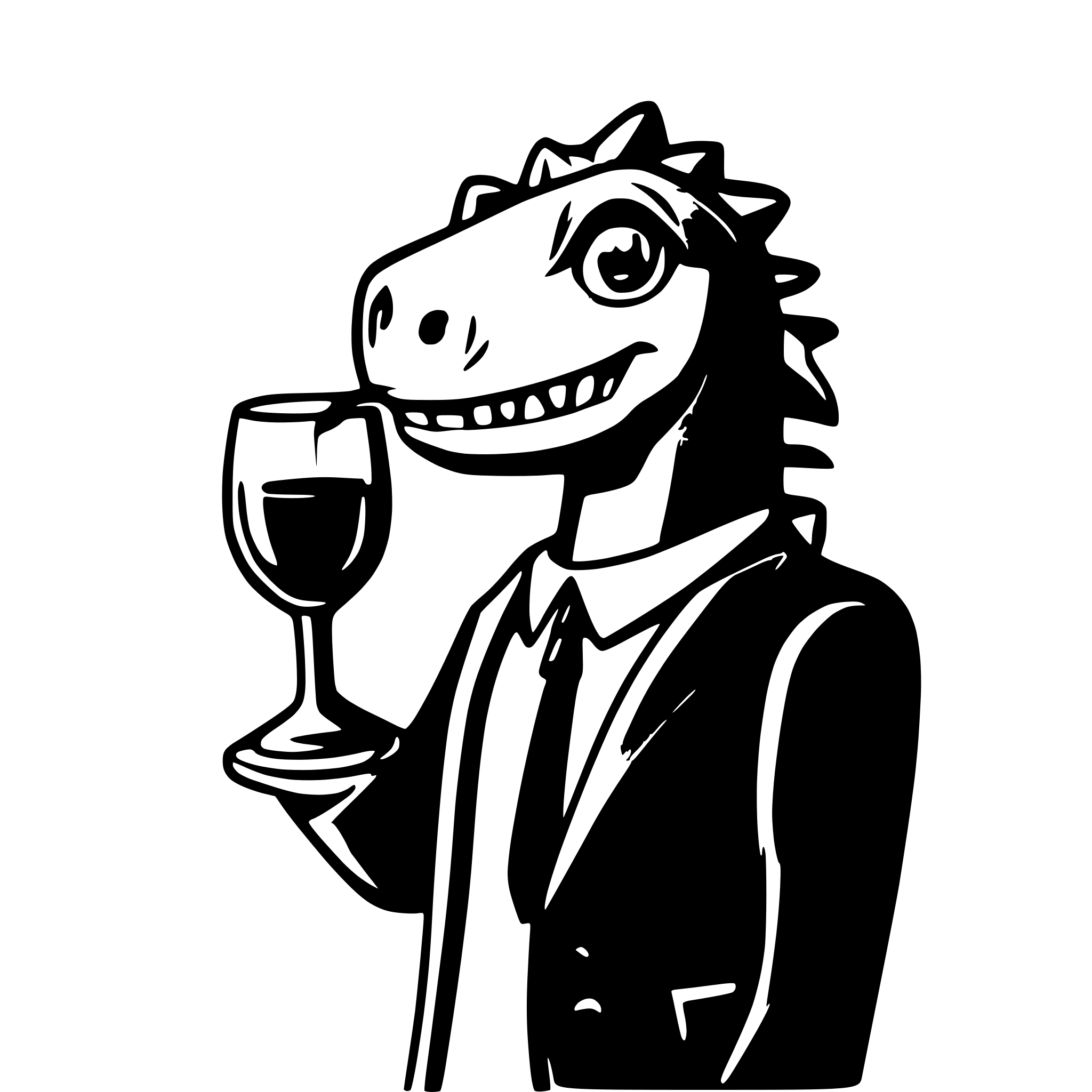 AI-generated SVG of a dinosaur with a glss of wine in the hand