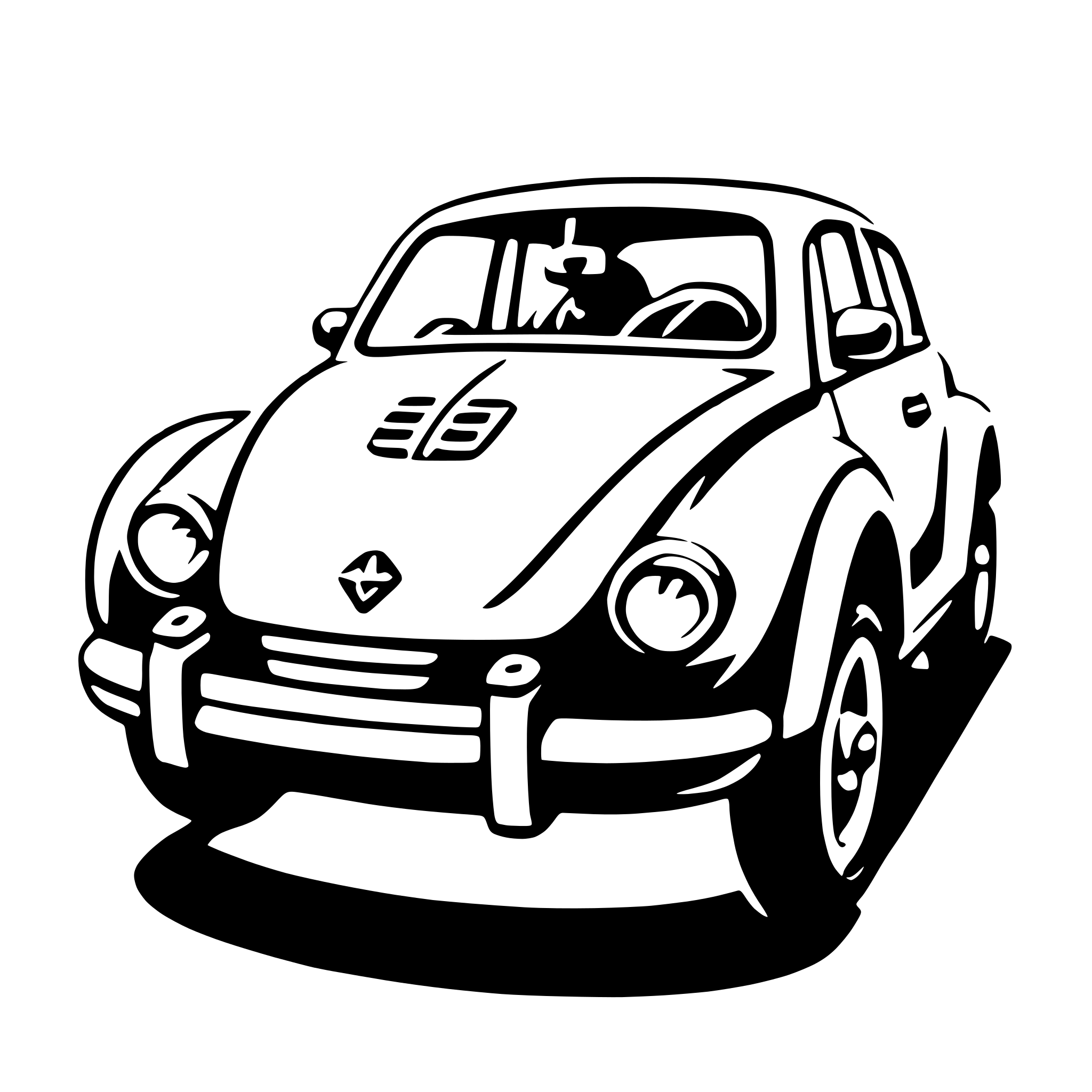 The SVG depicts a stylized, cartoon-like illustration of a vintage car. The car is shown from a three-quarter front view, with the front wheel and part of the hood visible. The car has a prominent grille with a logo in the center, and the headlights are depicted with a glossy finish. The vehicle's body has a smooth, rounded shape, and the windows are tinted. The car is parked on a flat surface, and there is a slight shadow beneath it, suggesting a light source from above. The style of the illustration is simplistic and lacks intricate details, focusing on the overall shape and form of the car. 